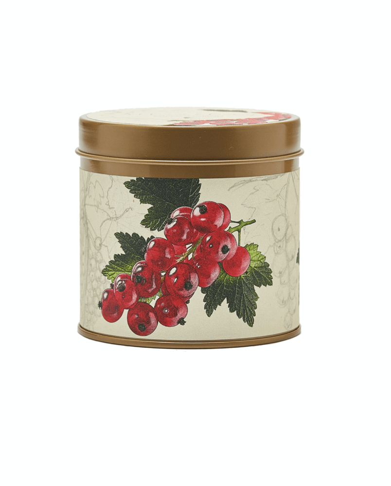 Red Currant + Cranberry Signature Tin Candle with cinnamon, nutmeg, and clove. Hand-poured tin candle with a festive, glowing aroma