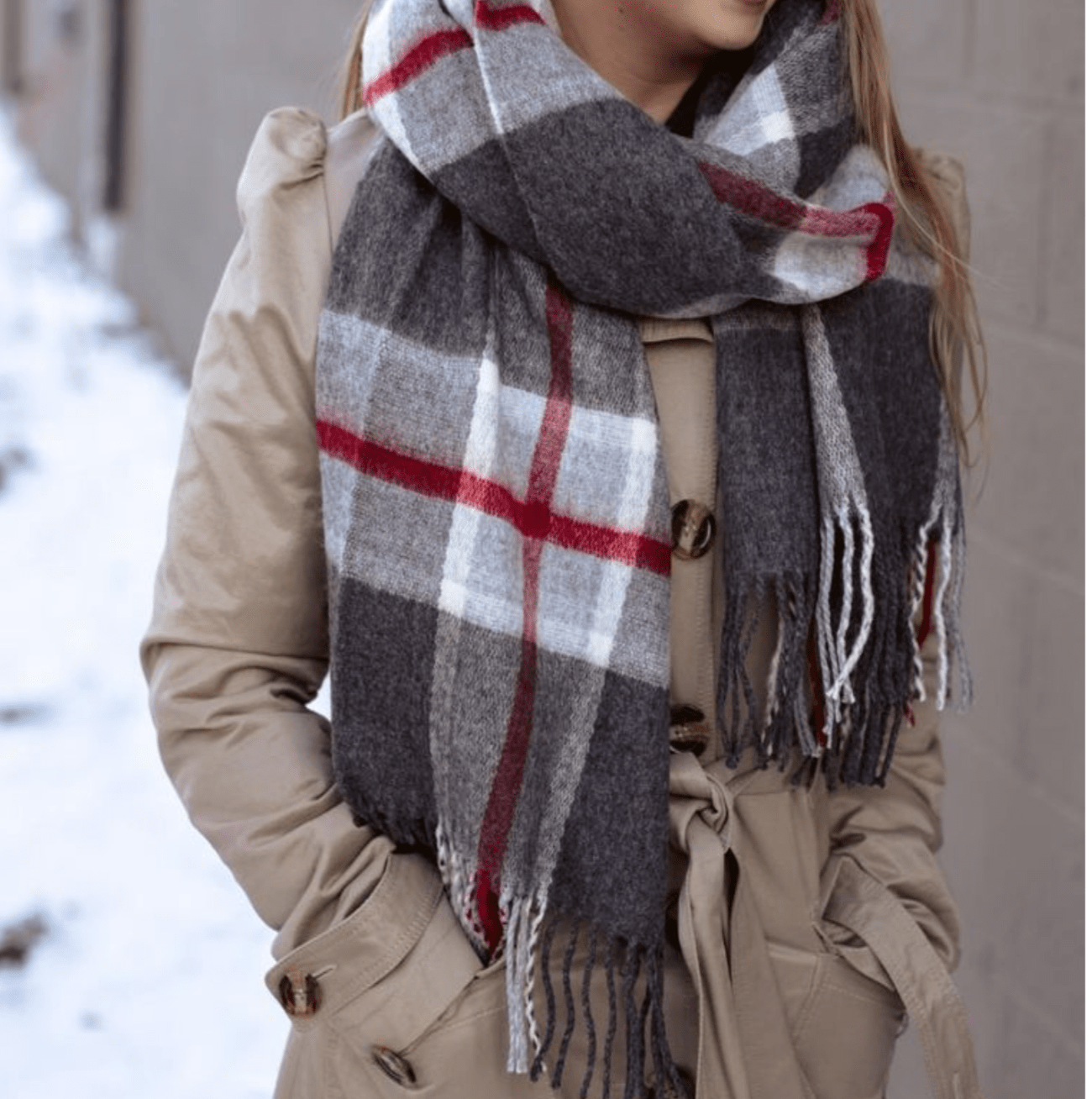 Allyn Oxford Scarf with a classic grey plaid pattern and fringe finish, versatile as a shawl or scarf.