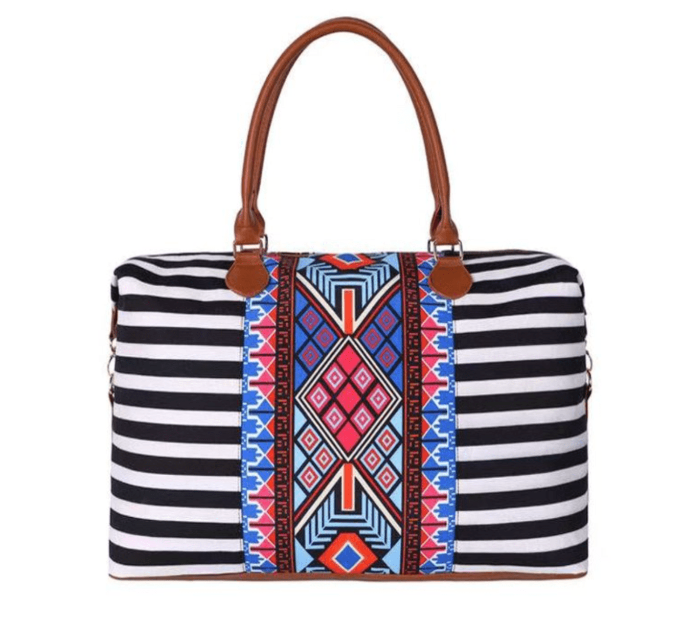 Aztec Weekender Bag with vibrant design, multiple pockets, gold hardware, and cognac straps, perfect for trips.