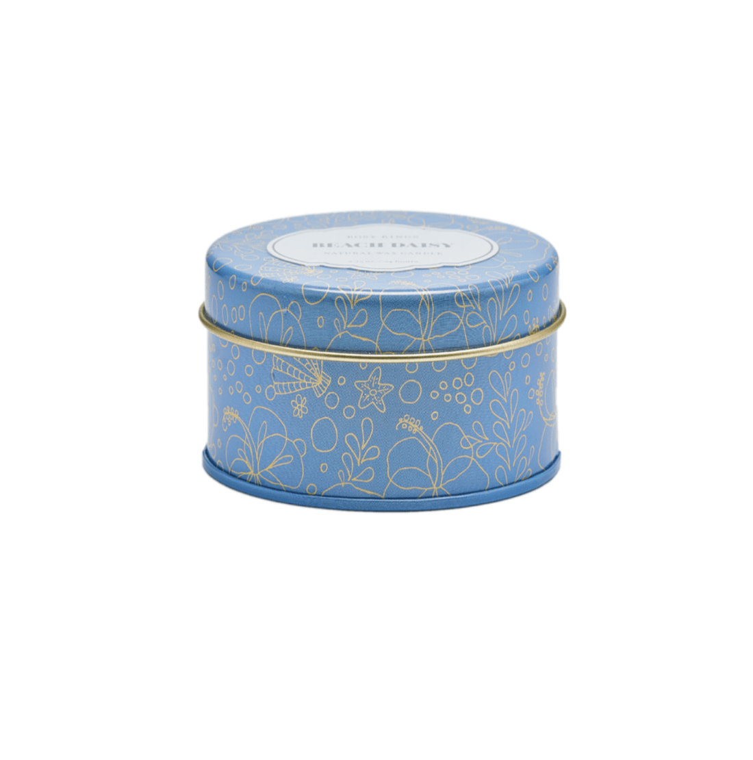 Beach Daisy travel tin candle with coconut wax, featuring notes of bergamot, jasmine, lemon, and vanilla, perfect for travel or gift bundles.
