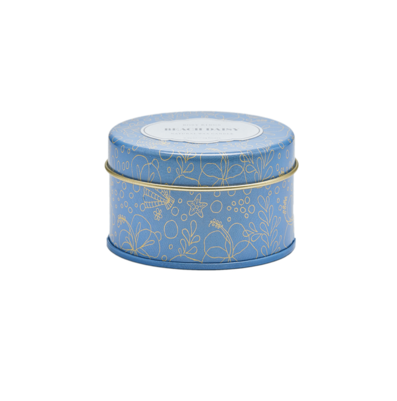 Beach Daisy travel tin candle with coconut wax, featuring notes of bergamot, jasmine, lemon, and vanilla, perfect for travel or gift bundles.