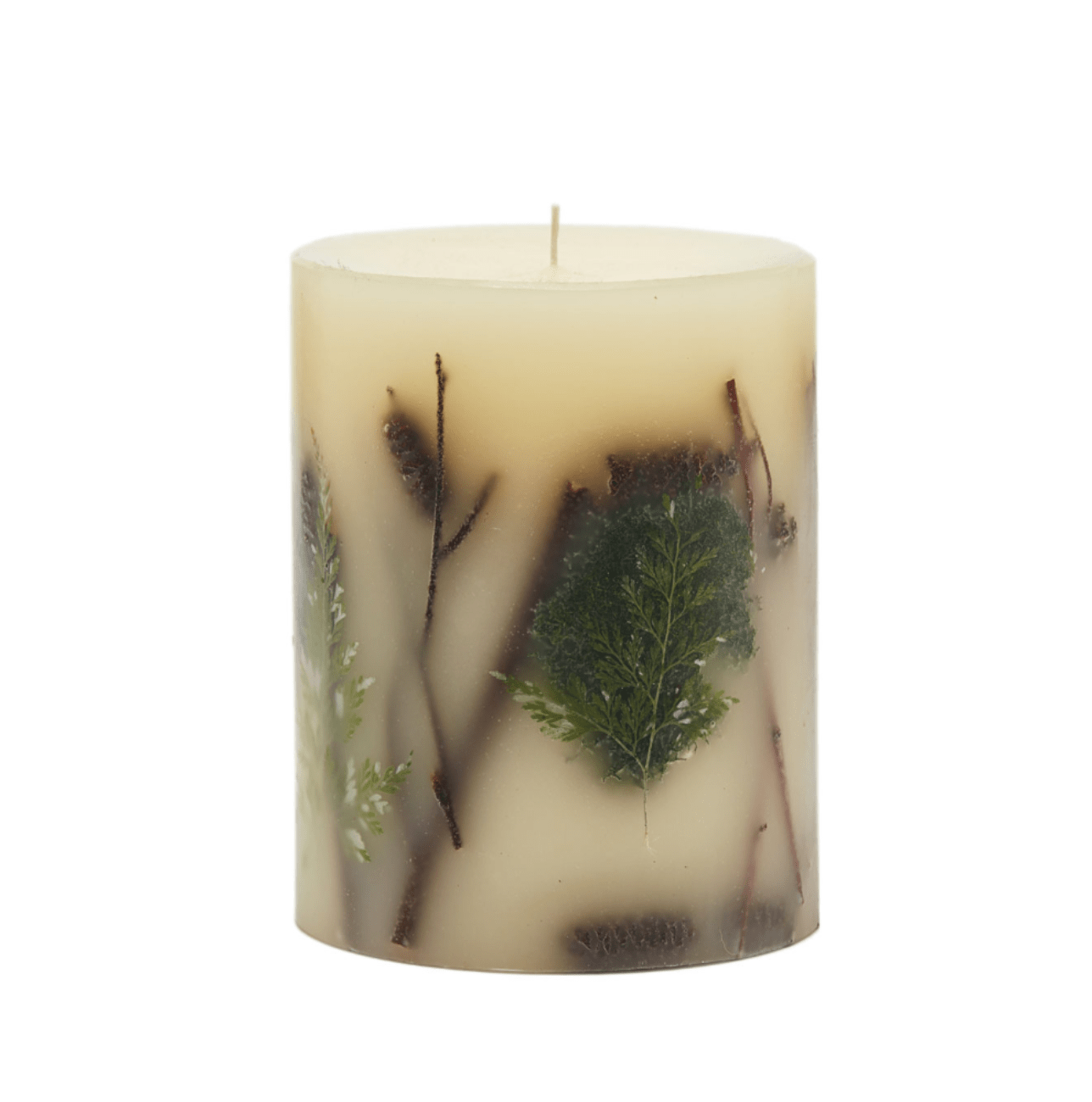forest small round botanical candle with cedarwood, pine, and sandalwood scents, handcrafted with natural elements, 120-hour burn time