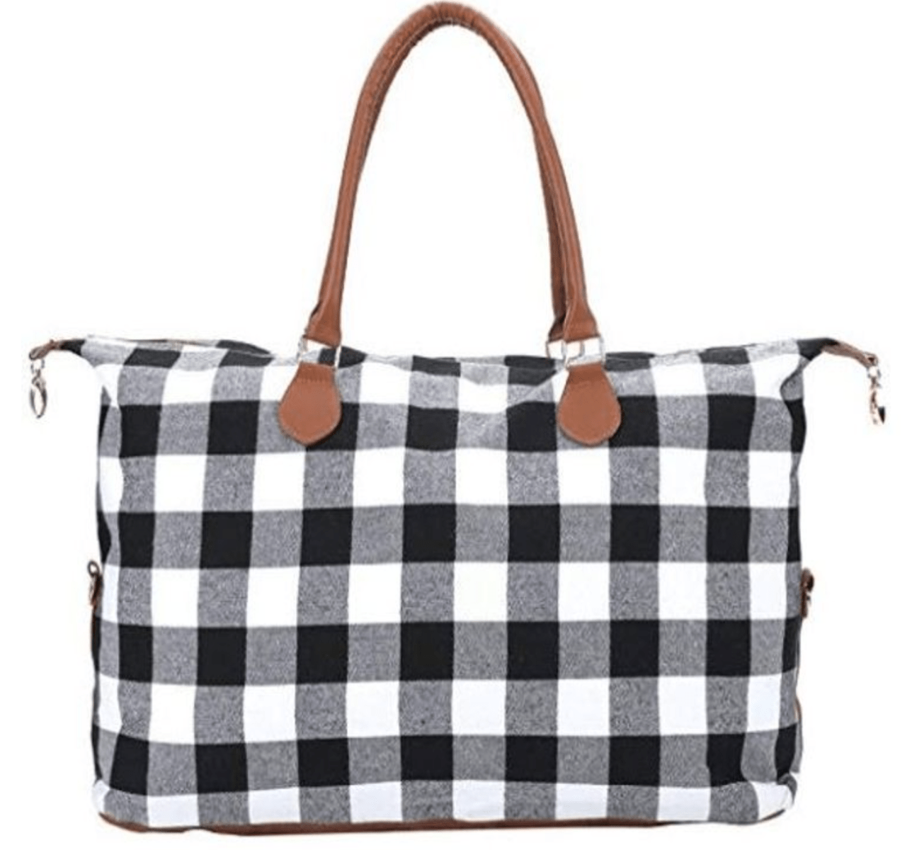 Buffalo Plaid Weekender Bag with multiple pockets, gold hardware, and cognac straps, perfect for easy and stylish travel