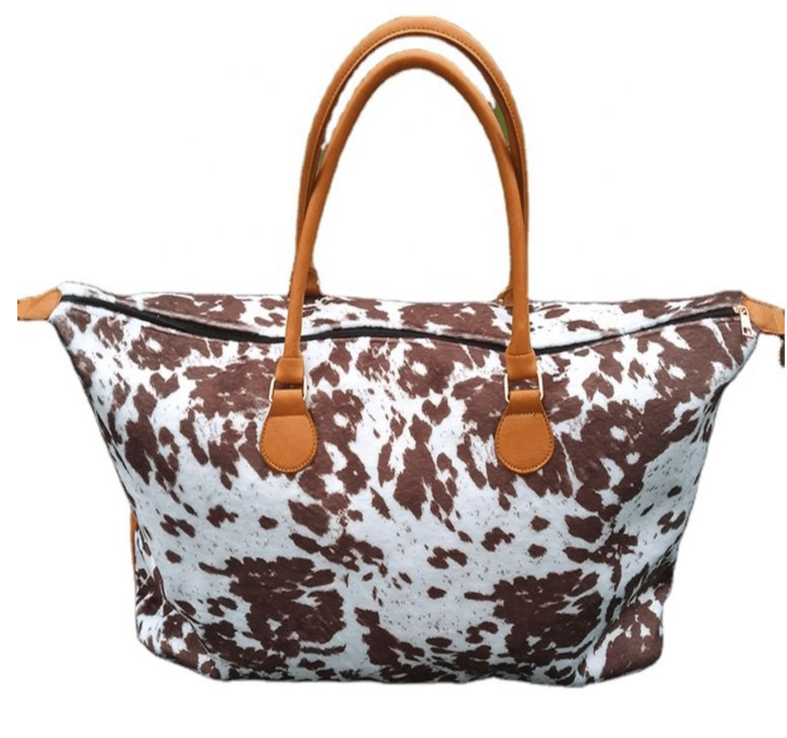 Tyla Weekender Bag – stylish brown cow-print design with multiple pockets, gold hardware, and cognac straps for easy travel
