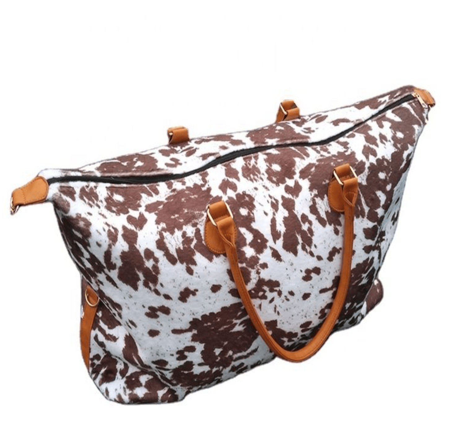 Travel in style with the Tyla Weekender Bag, featuring a chic cow-print, gold hardware, and spacious pockets for all your essentials