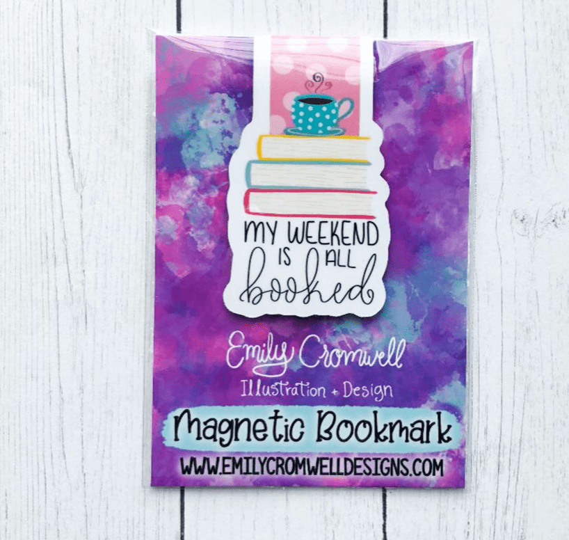 Whimsical 'My Weekend Is All Booked' magnetic bookmark, hand-lettered and handmade, perfect for book lovers and weekend readers