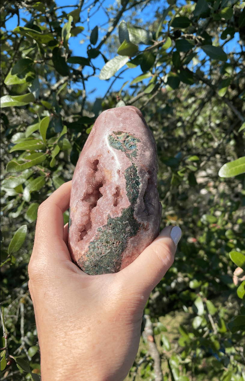 Polished Quartz and Rose Jasper Crystal Tower with glittering pink hues, ideal for stress relief and home decoration
