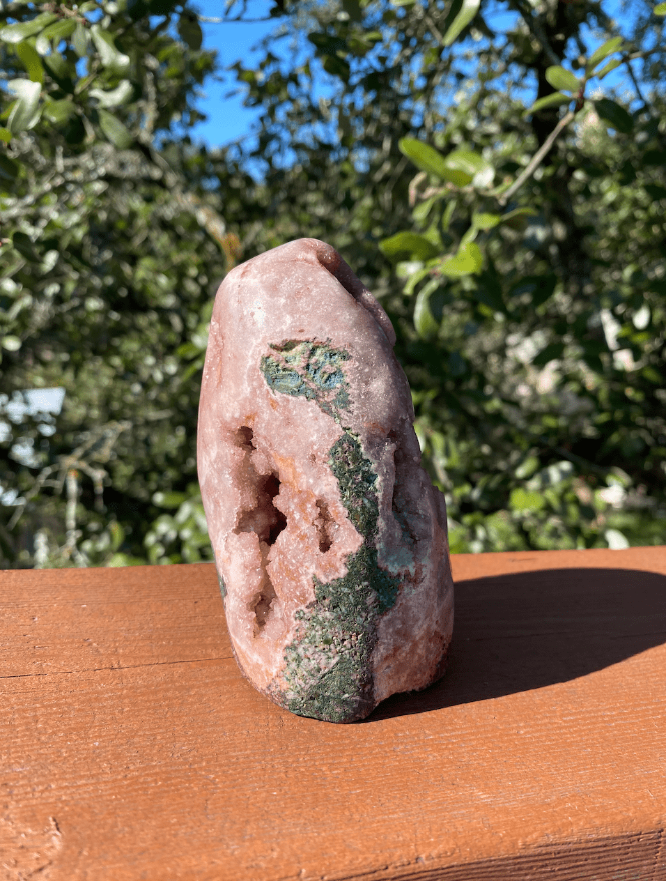 Rose Jasper and Quartz Crystal Tower with glittering geodes, perfect for promoting balance, calm, and peaceful energy