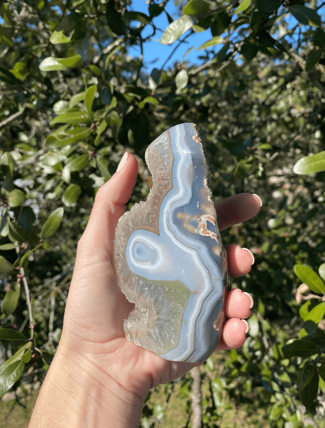 glittering quartz crystals over baby blue brazilian agate with a prominent agate eye and natural edges, perfect for energy balance and stabilization