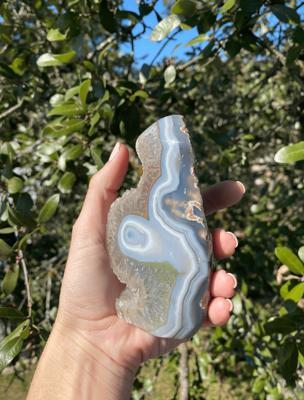 glittering quartz crystals over baby blue brazilian agate with a prominent agate eye and natural edges, perfect for energy balance and stabilization