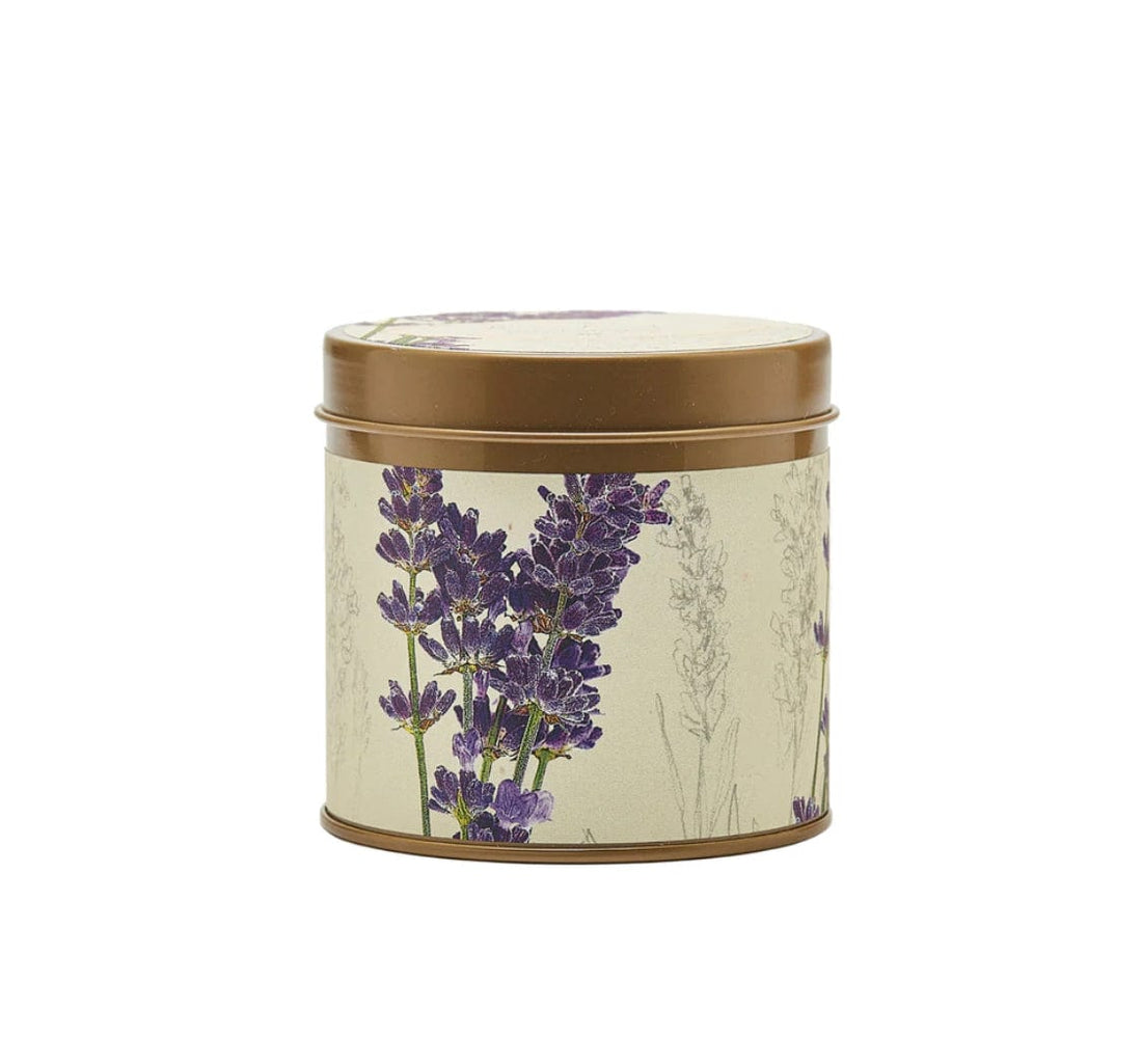 Roman Lavender Signature Tin with lavender, bergamot, and eucalyptus scents, hand-poured in a coconut wax blend with a cotton wick