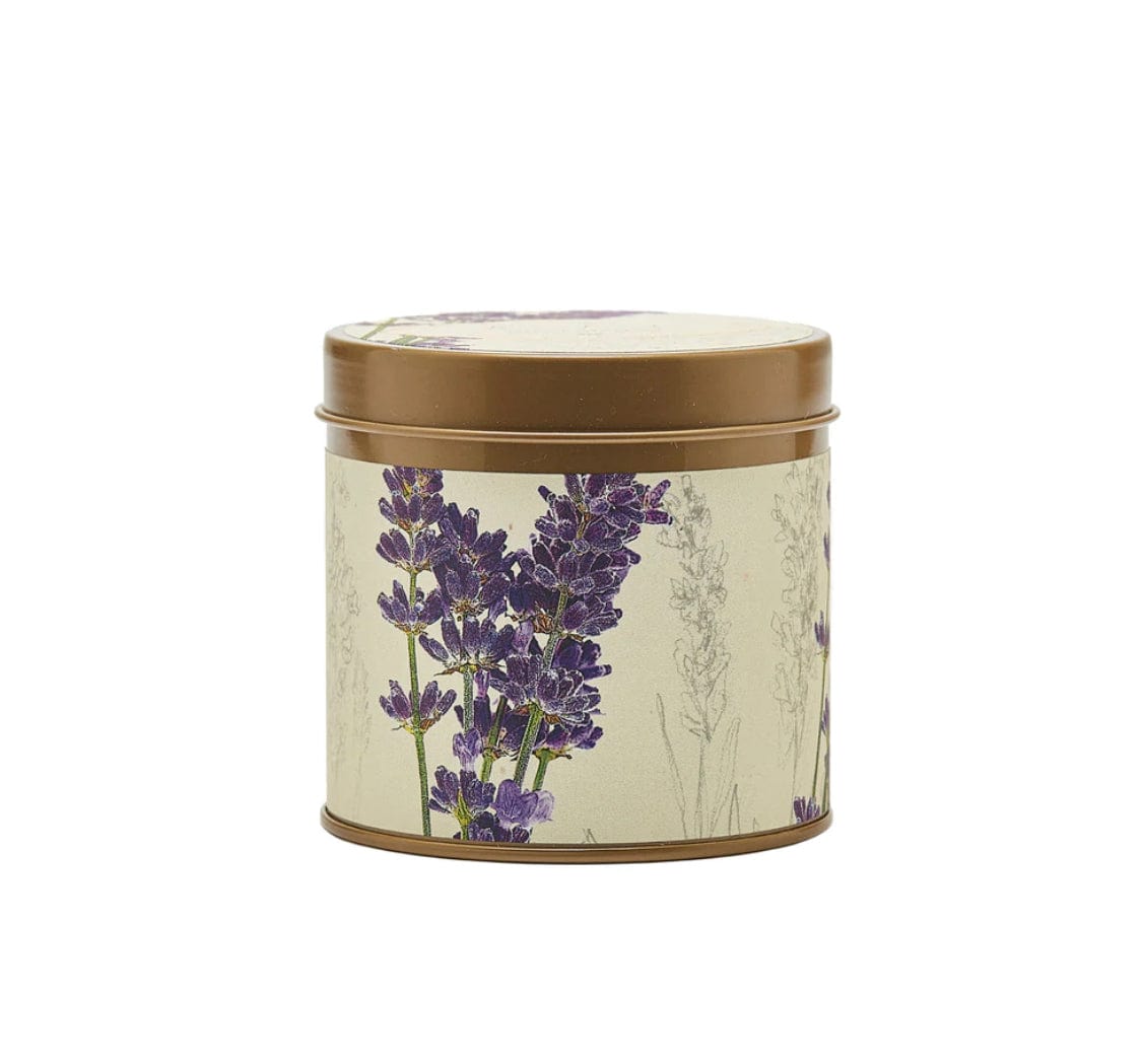 Roman Lavender Signature Tin with lavender, bergamot, and eucalyptus scents, hand-poured in a coconut wax blend with a cotton wick