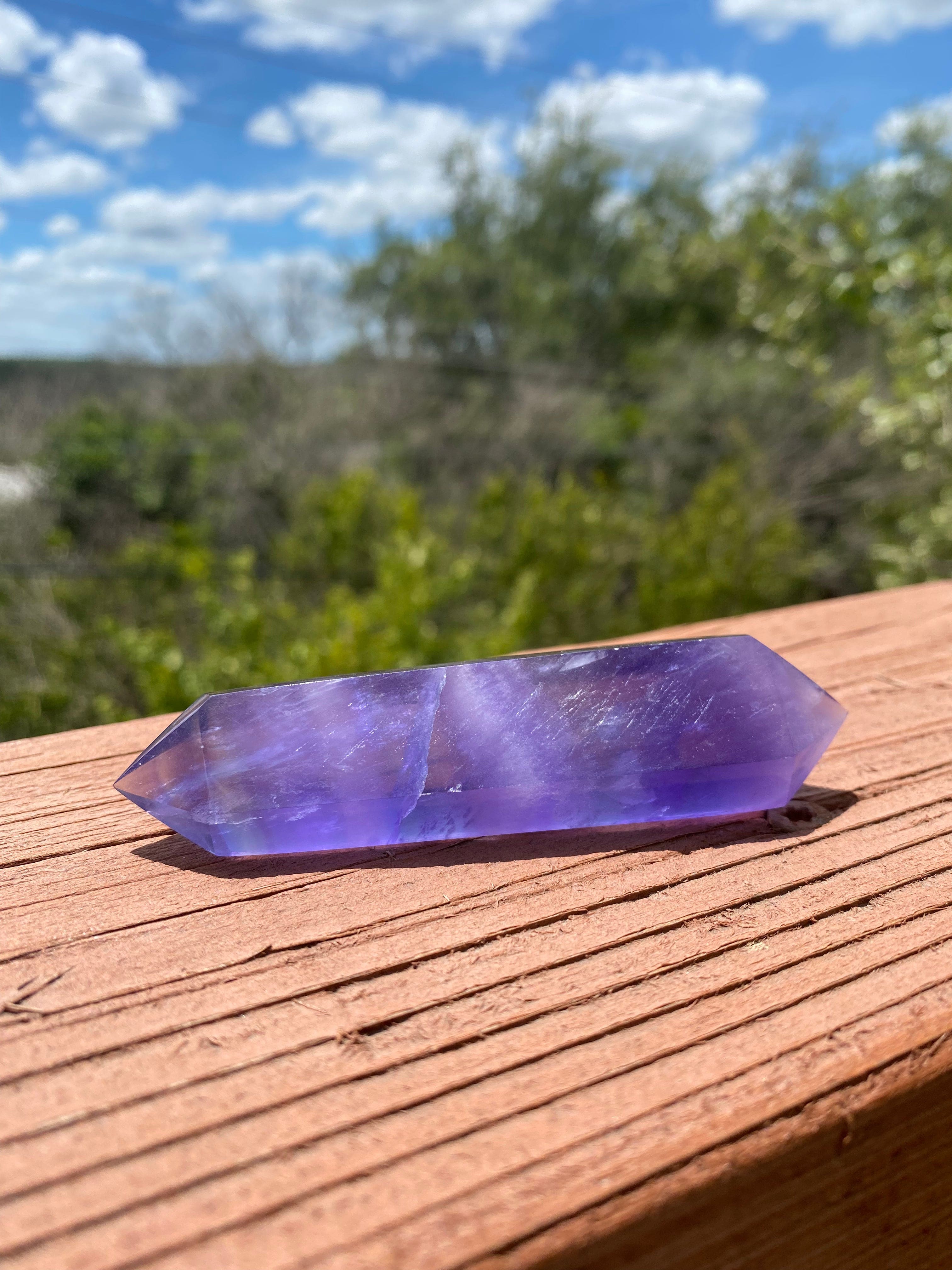 fluorite crystal, double-terminated for enhanced energy transformation, promotes clarity and peace, ideal for cleansing negative energy