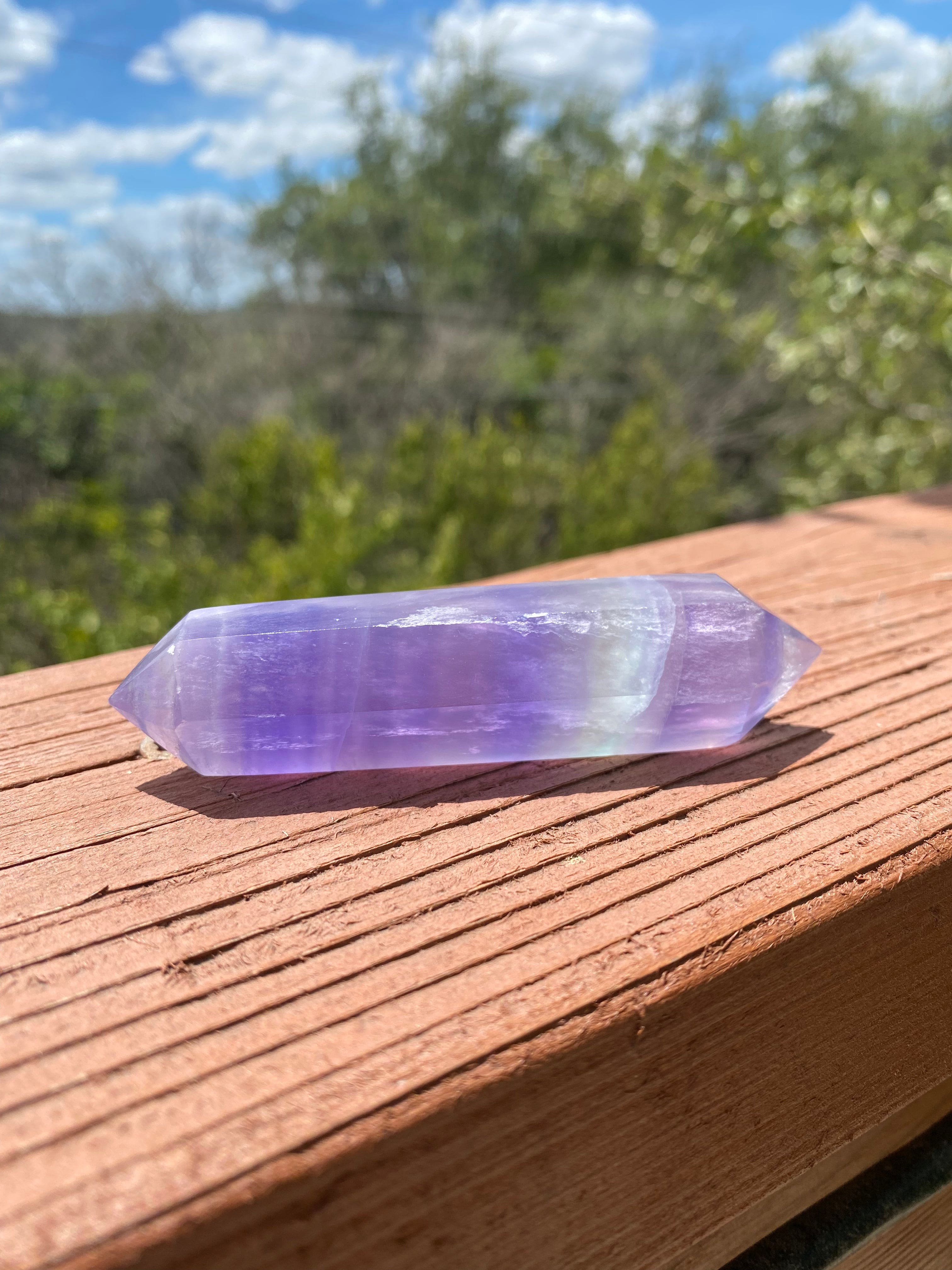 fluorite crystal for mental clarity, double-terminated shape enhances energy transformation, promotes peace and detoxifies negative energy
