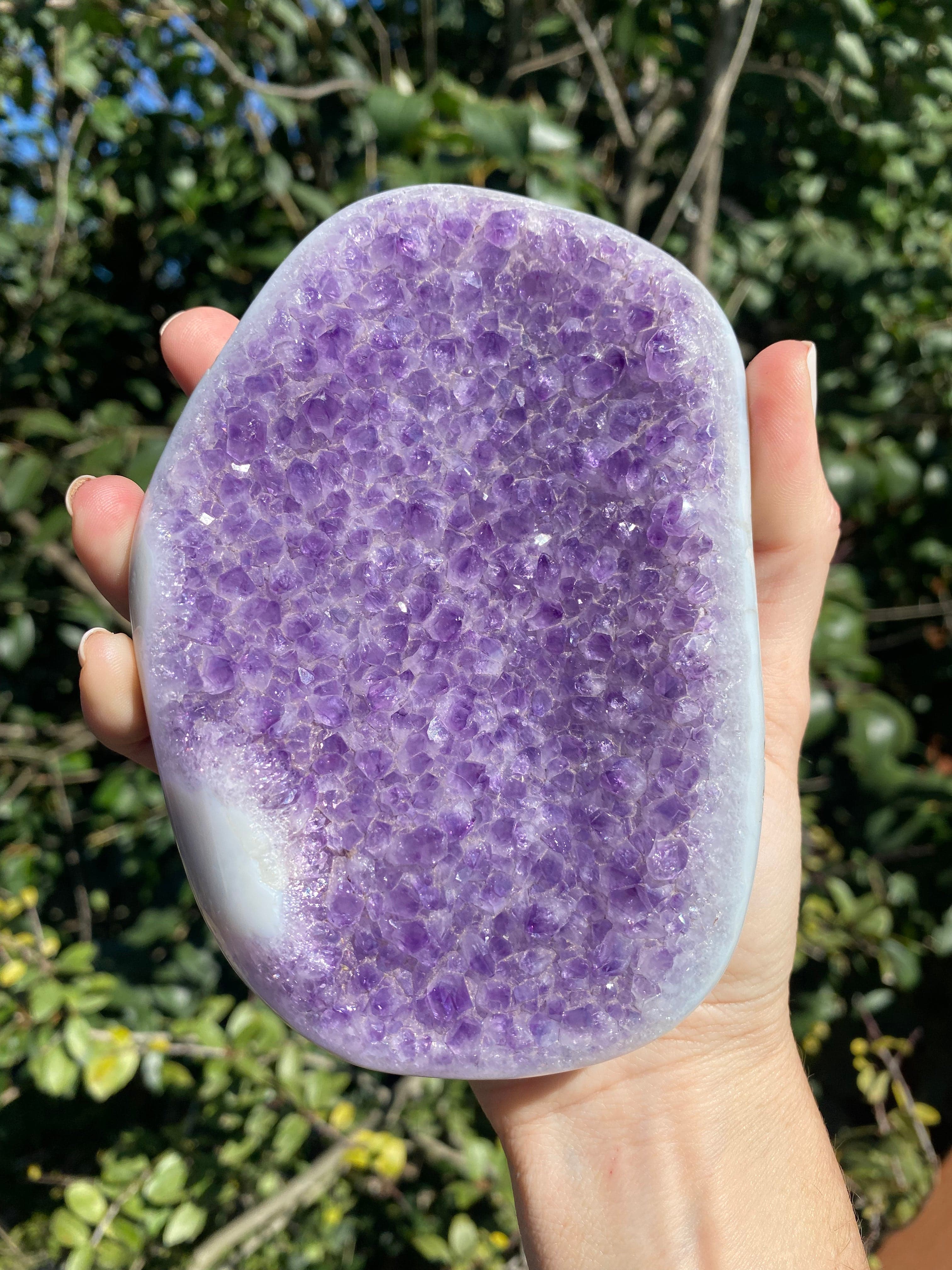 Large Amethyst crystal with baby blue and white Agate banding, featuring vibrant purple crystals for healing and stress relief.