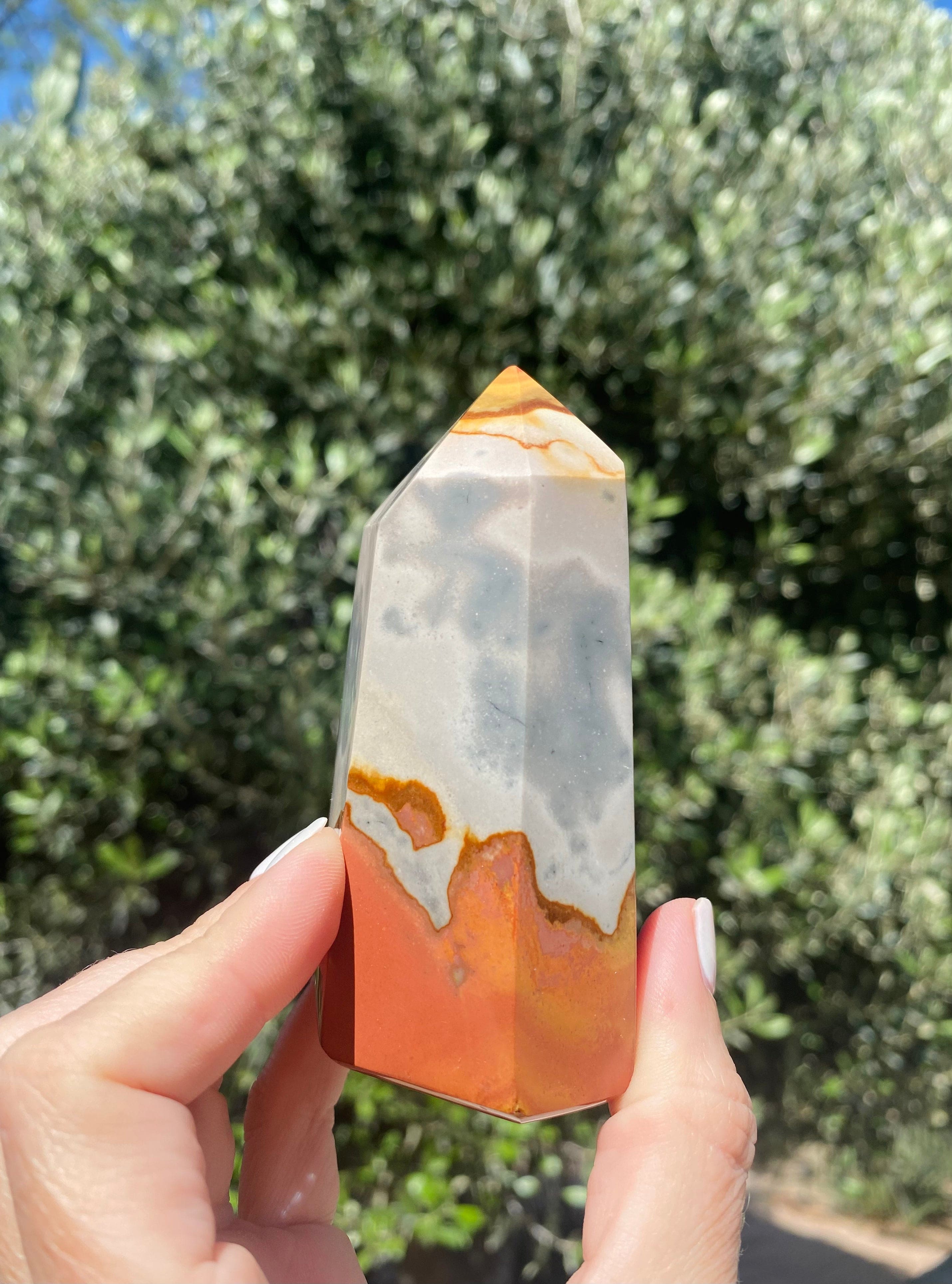 Holding the Jasper and Agate Tower brings calming, nurturing support, ideal for promoting balance and positive energy