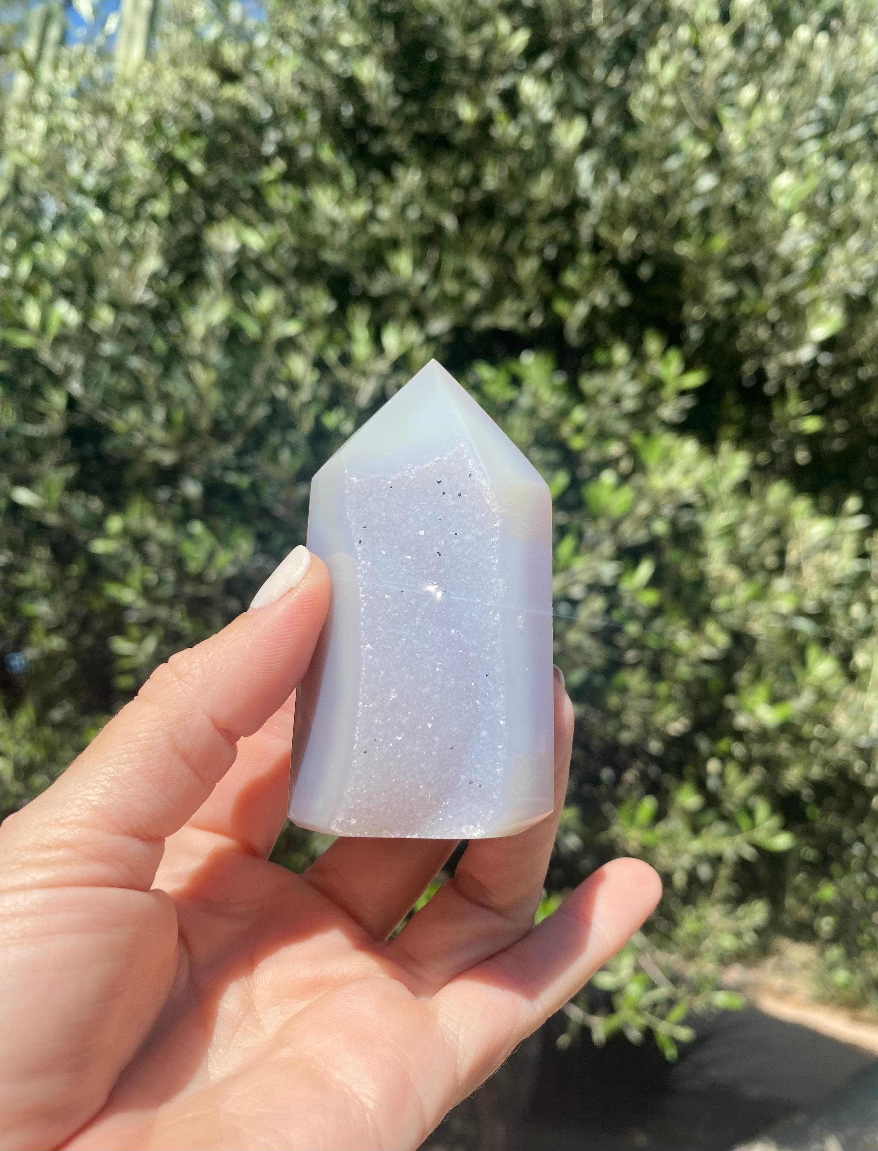 Polished Agate Obelisk with microcrystalline shine, rebalances body, mind, and spirit, cleanses aura, and transforms negativity