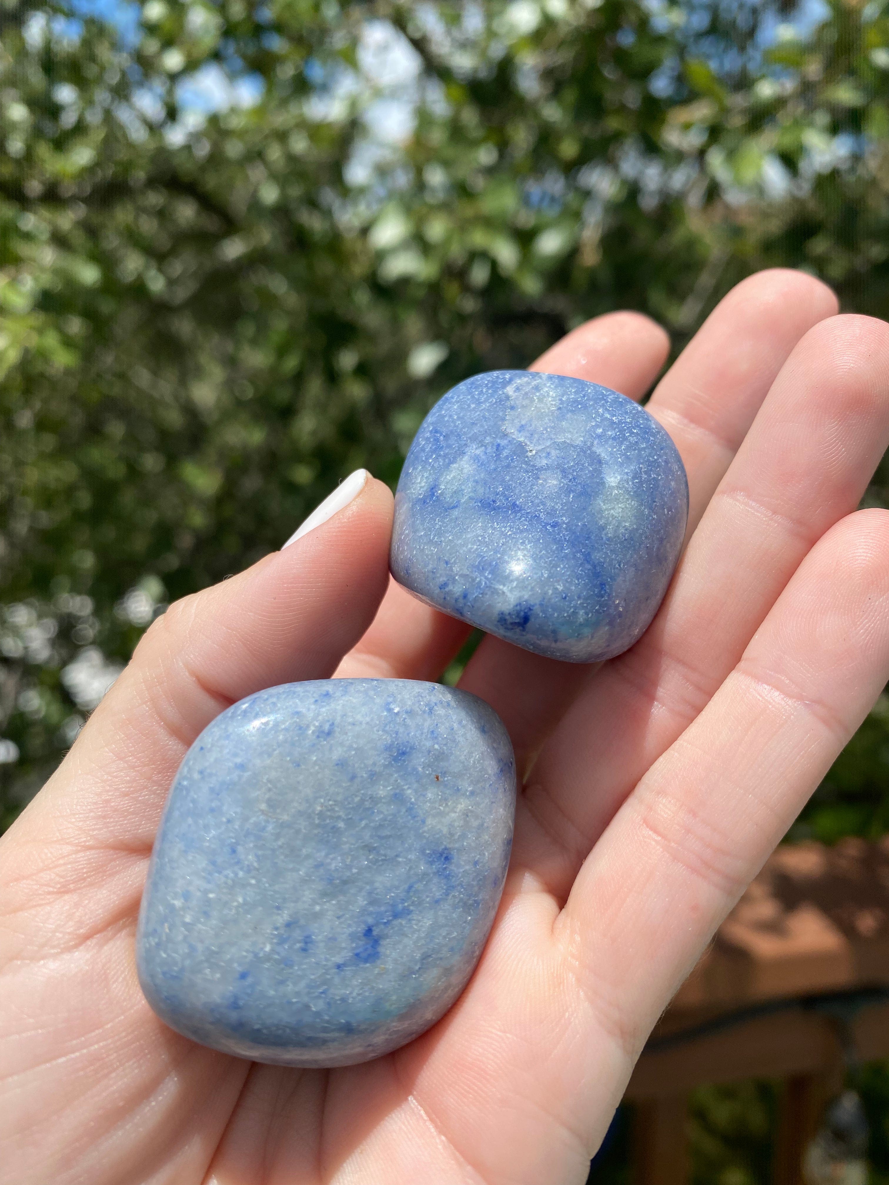 Blue Aventurine tumble stone, known for promoting calm, enhancing masculine energy, and supporting headaches and insomnia