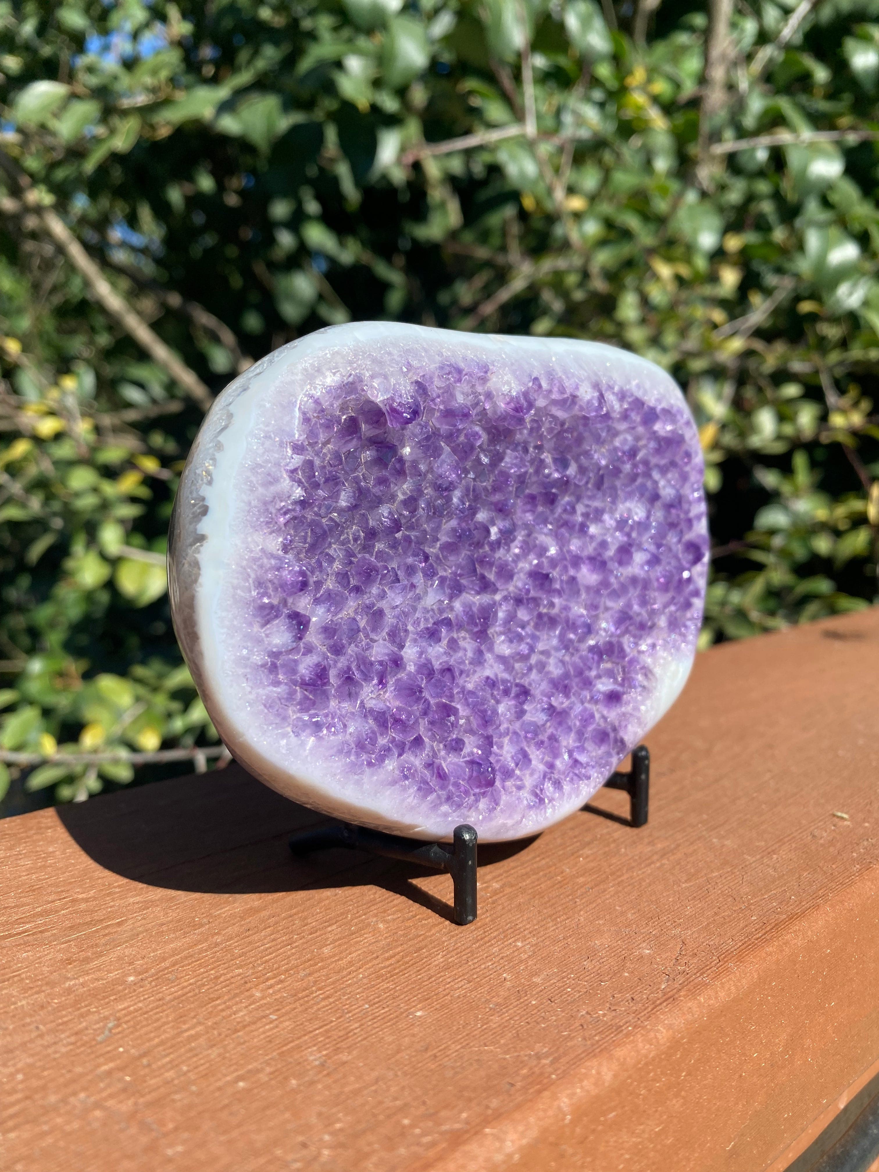 Vibrant Amethyst crystal with Agate banding, perfect for spiritual healing and reducing fear and stress.