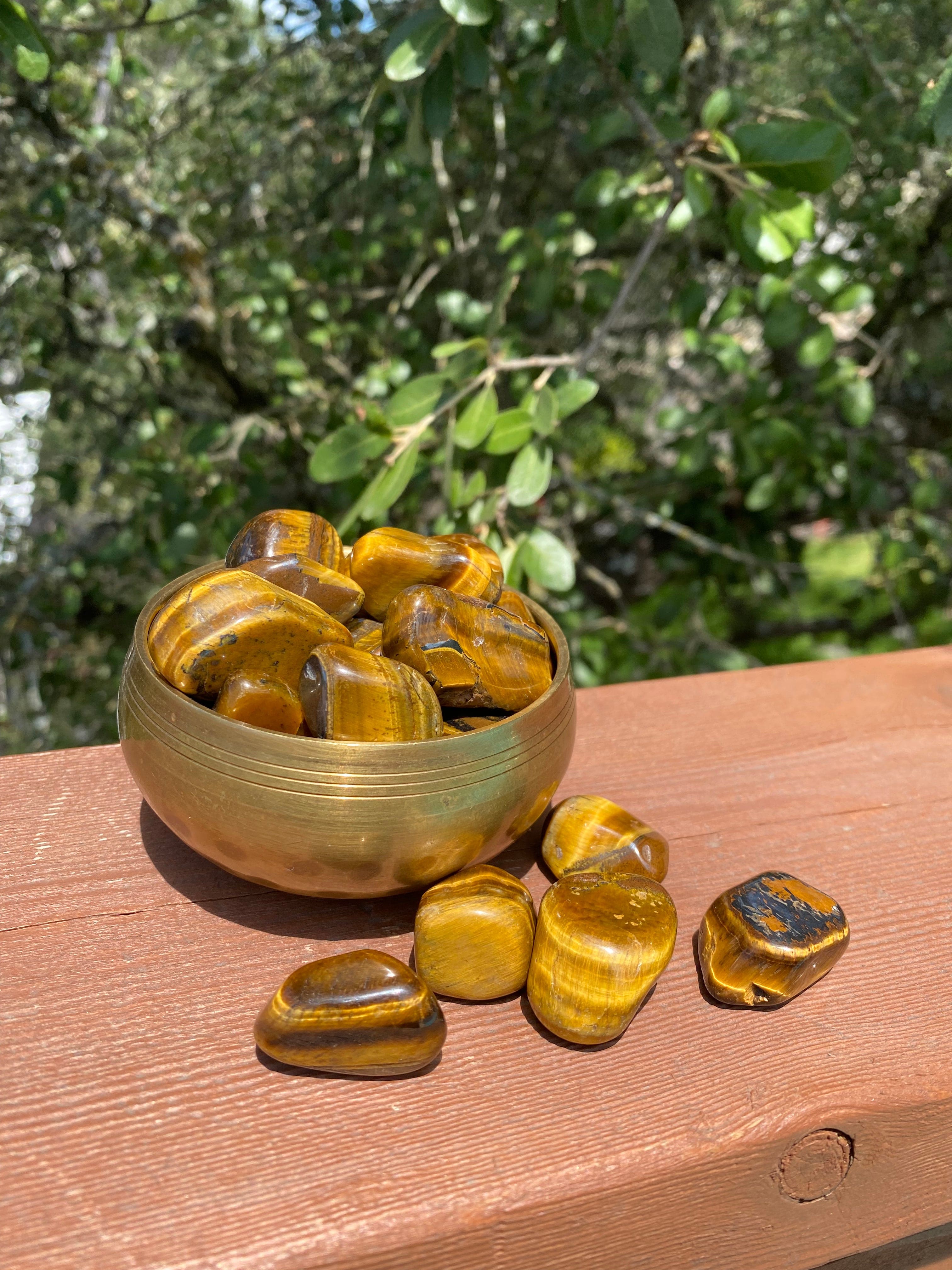 Grouped Tiger’s Eye Tumbles showcase stunning golden bands, radiating protective energy and promoting stability and balance