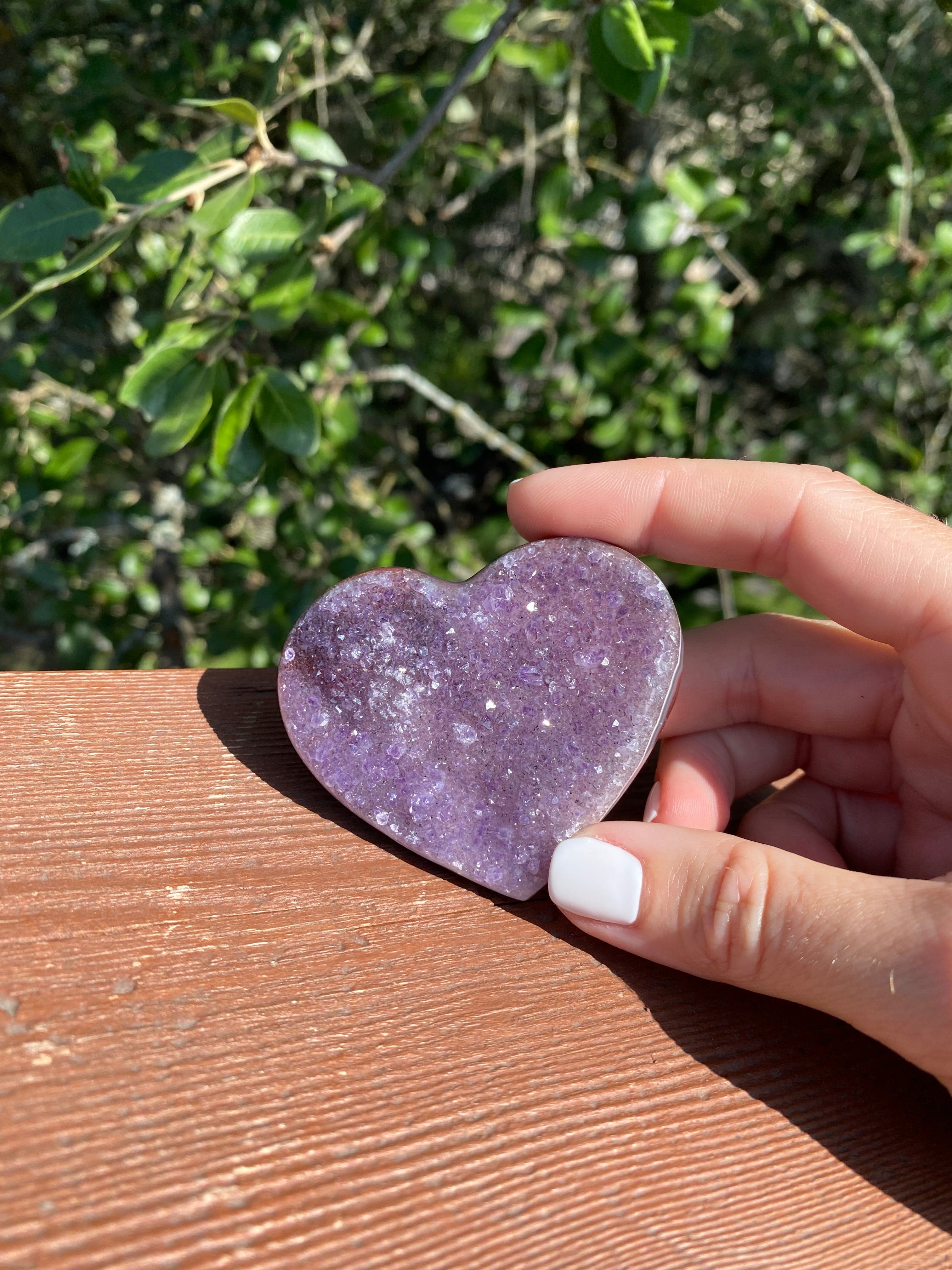 Amethyst crystal heart with intricate Agate banding, perfect for protection and clearing negative energy.
