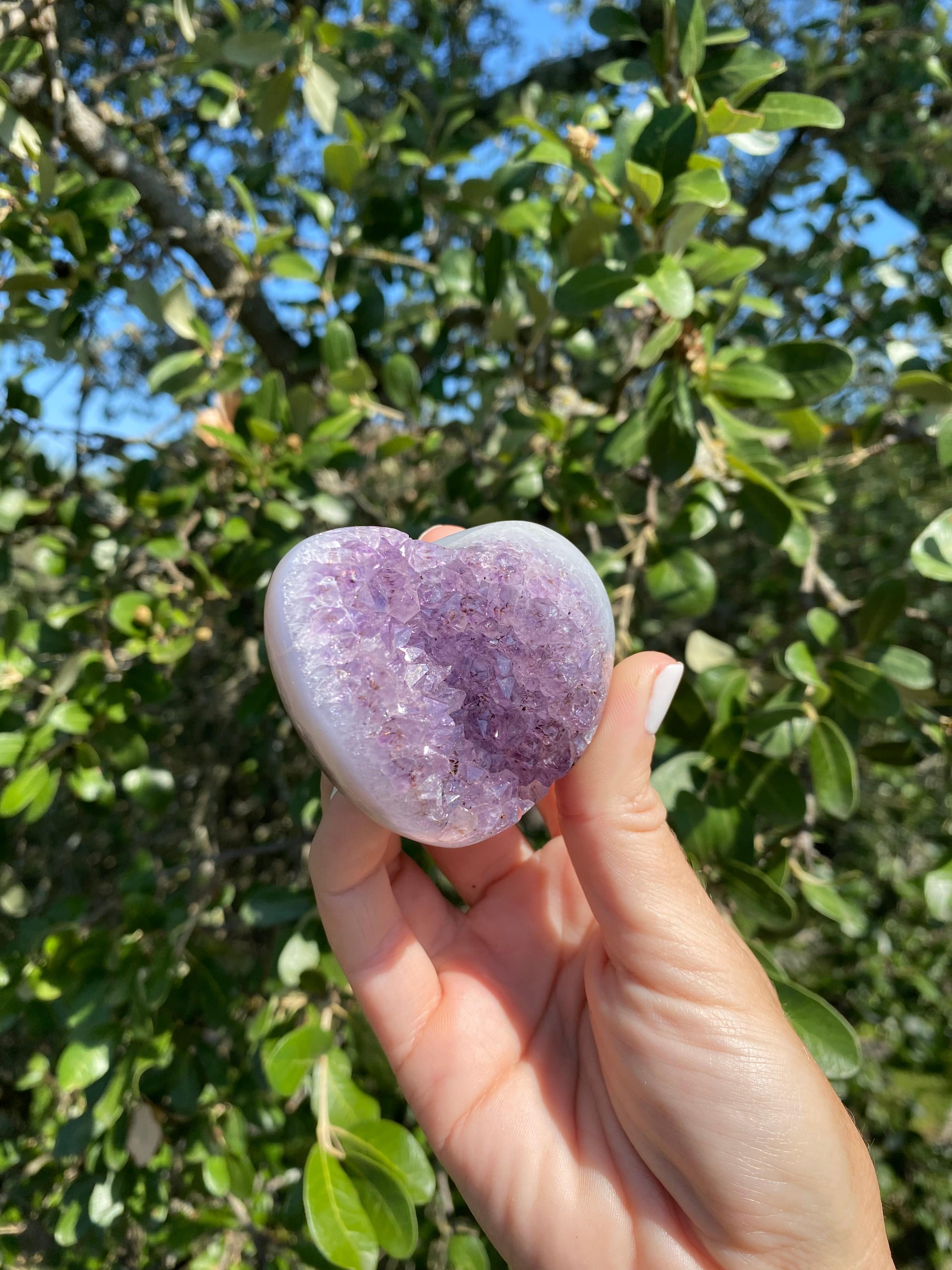 Polished Amethyst heart with baby blue Agate banding, a powerful stone for centering and transmuting energy.