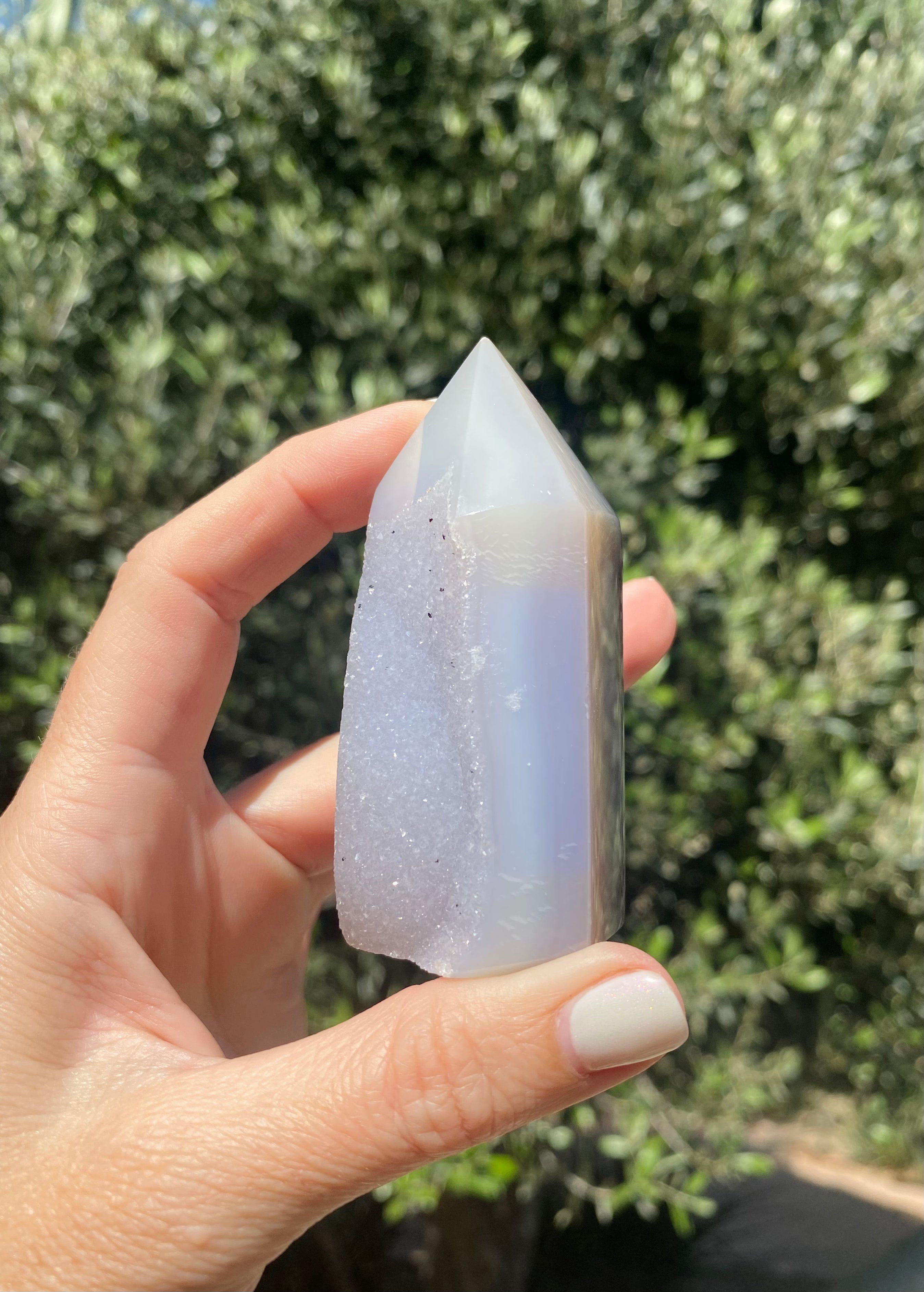 Agate Obelisk with glittering microcrystals, harmonizes body, mind, and spirit while cleansing aura and eliminating negativity