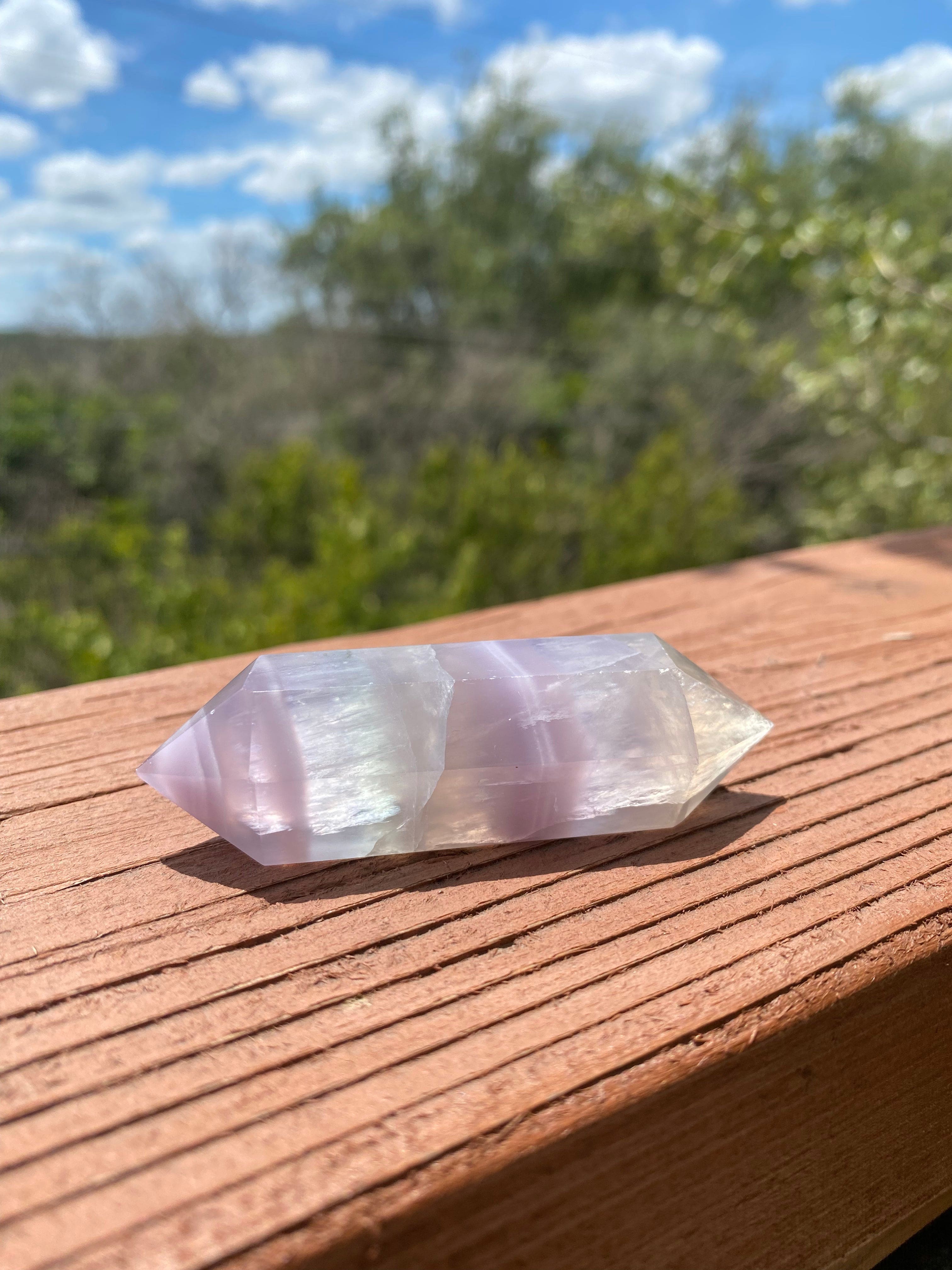 purple fluorite double-terminated crystal for detoxifying energy, promoting spiritual awakening, protection, and mental clarity