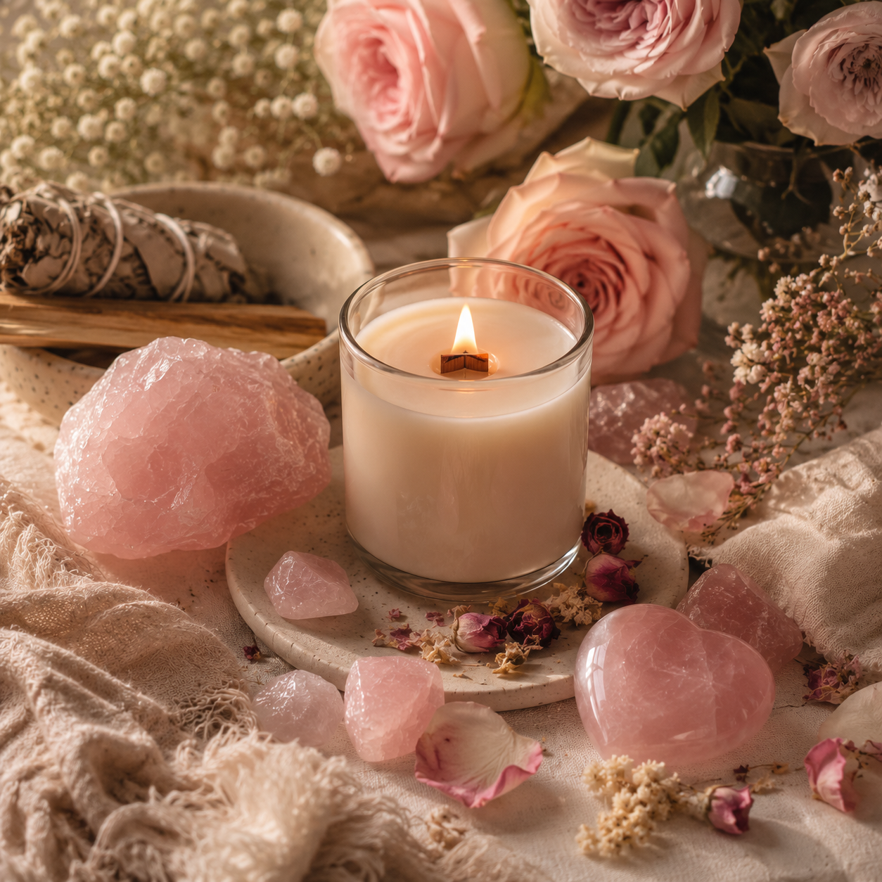 BellaVee-inspired ritual scene featuring a lit wooden wick candle, rose quartz crystals, and soft blush roses for love and self-love.