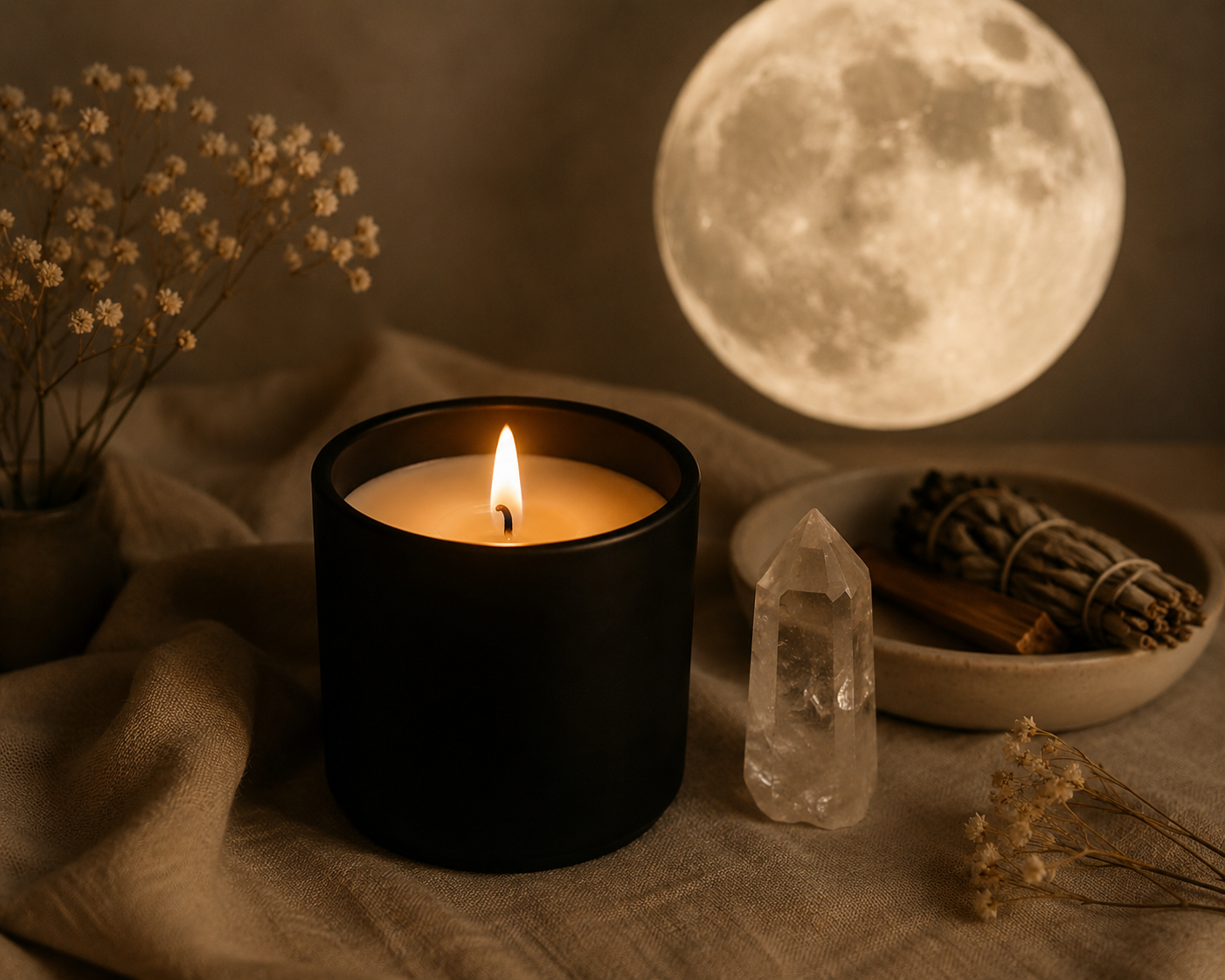 Full moon ritual scene featuring a lit candle, clear quartz crystal, and cleansing herbs arranged on soft neutral linen. Warm candlelight and a glowing full moon create a peaceful atmosphere for intention setting, meditation, and spiritual rituals.