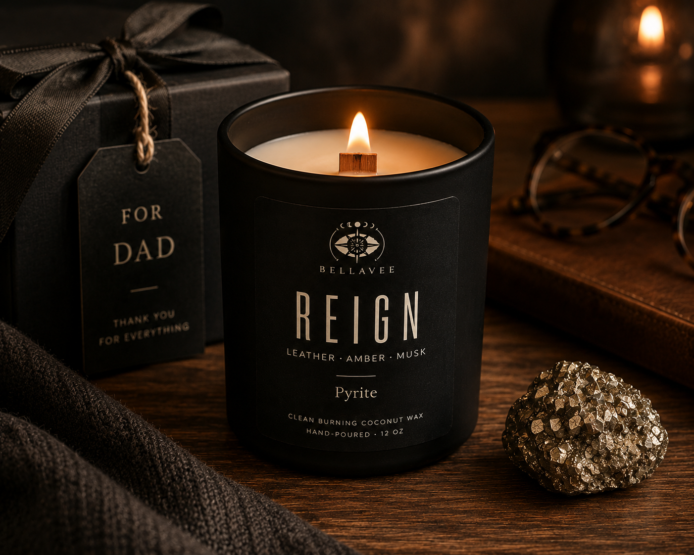 Father's Day crystal candle gift featuring leather, amber, and musk fragrance notes in a matte black vessel. Hand-poured non-toxic candle from BellaVee Rituals designed for grounding, relaxation, and intentional gifting.