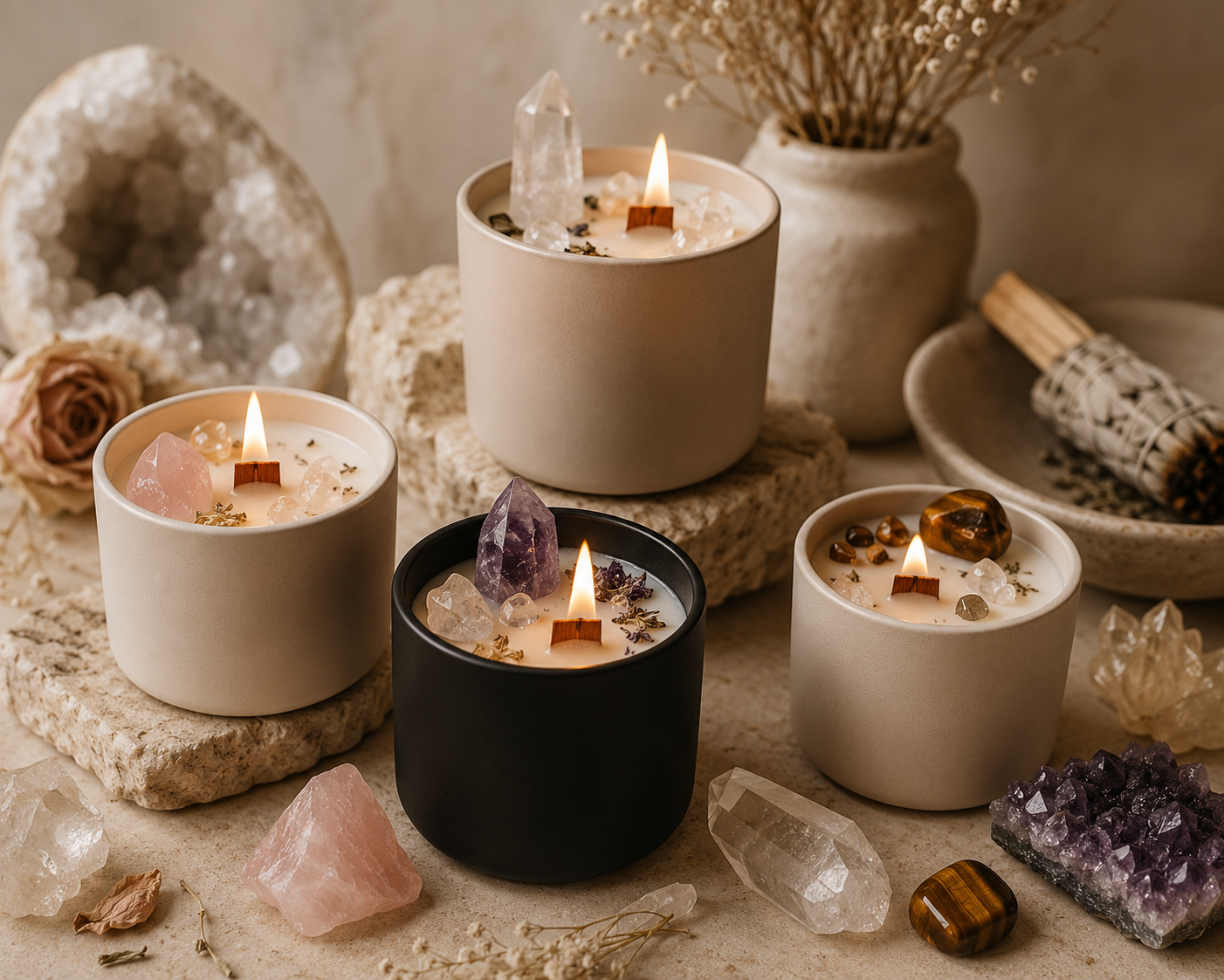Collection of non-toxic crystal candles featuring wooden wicks, coconut wax, and healing crystals including clear quartz, rose quartz, amethyst, and tiger's eye. Handcrafted crystal candles made in Austin, Texas by BellaVee Rituals.