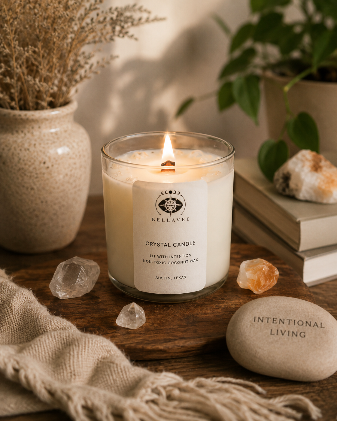 BellaVee crystal candle lit with raw crystals intentional living non-toxic coconut wax Austin Texas