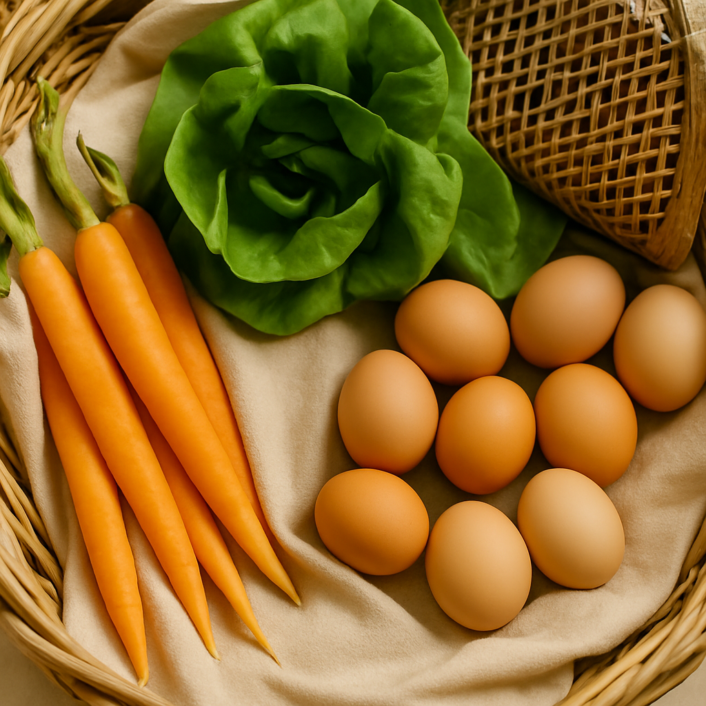 Fresh produce at a farmers market, including leafy greens, carrots, and herbs, arranged in baskets on a rustic table—capturing the essence of intentional nourishment and local abundance.