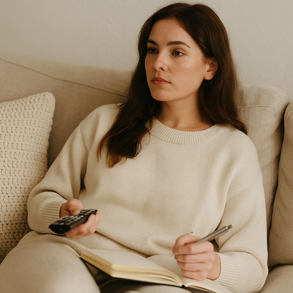 Woman sitting on the couch writing in her journal