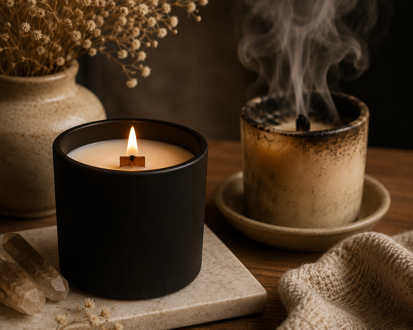 Clean-burning wooden wick candle made with coconut wax burning in a warm home setting. Educational image illustrating the difference between non-toxic candles and traditional paraffin candles that may release soot and unwanted chemicals into the air.