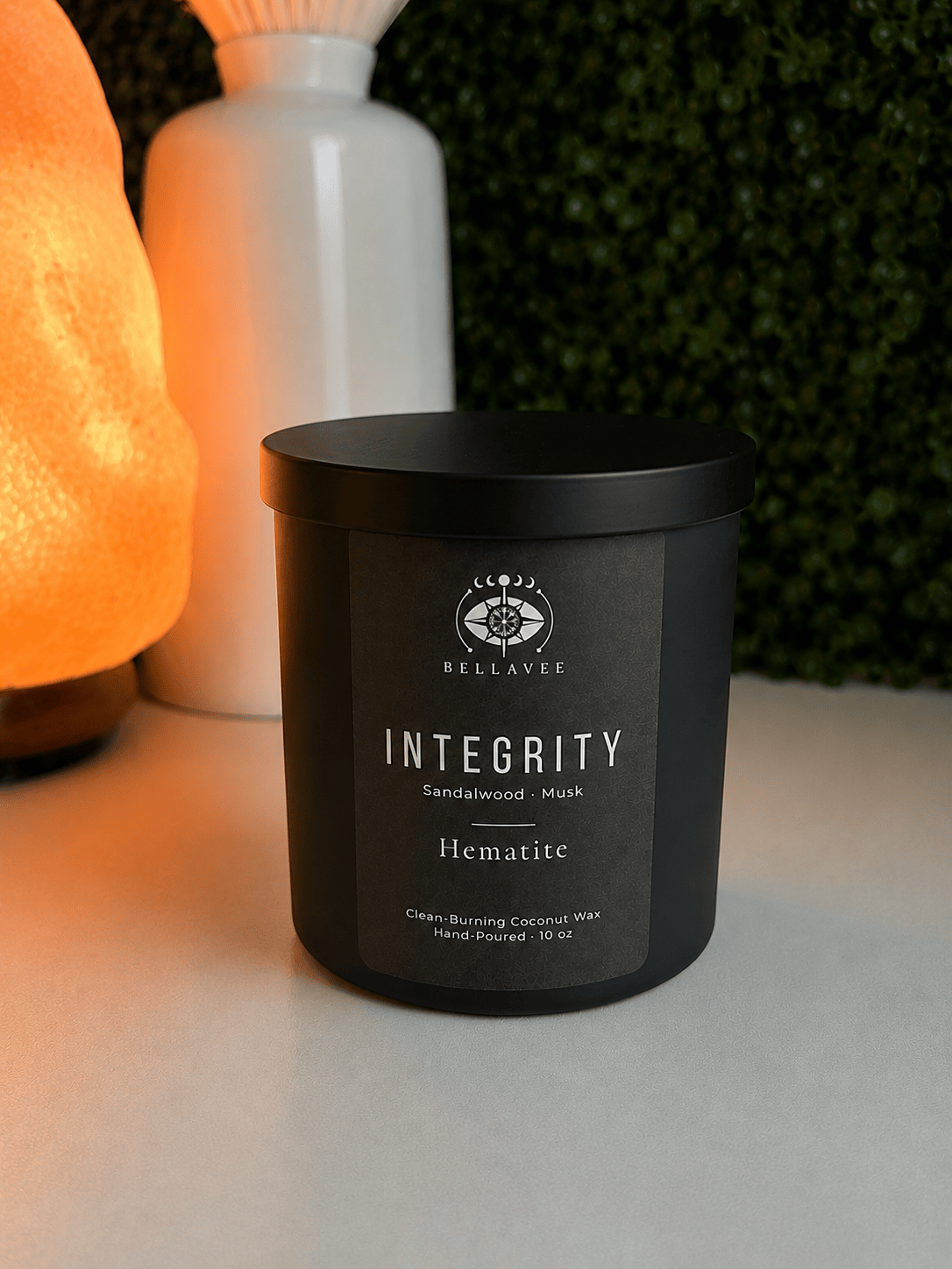 BellaVee Integrity candle with Hematite crystal close up hand poured Austin Texas