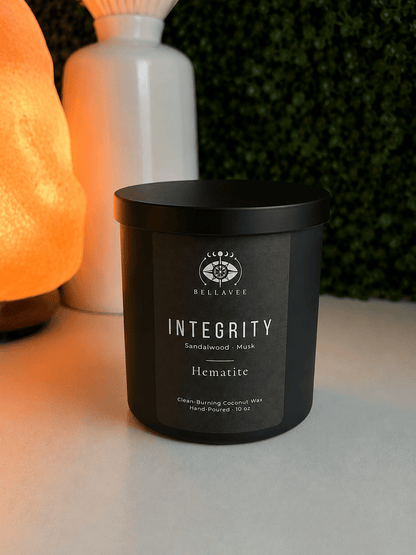BellaVee Integrity candle with Hematite crystal close up hand poured Austin Texas