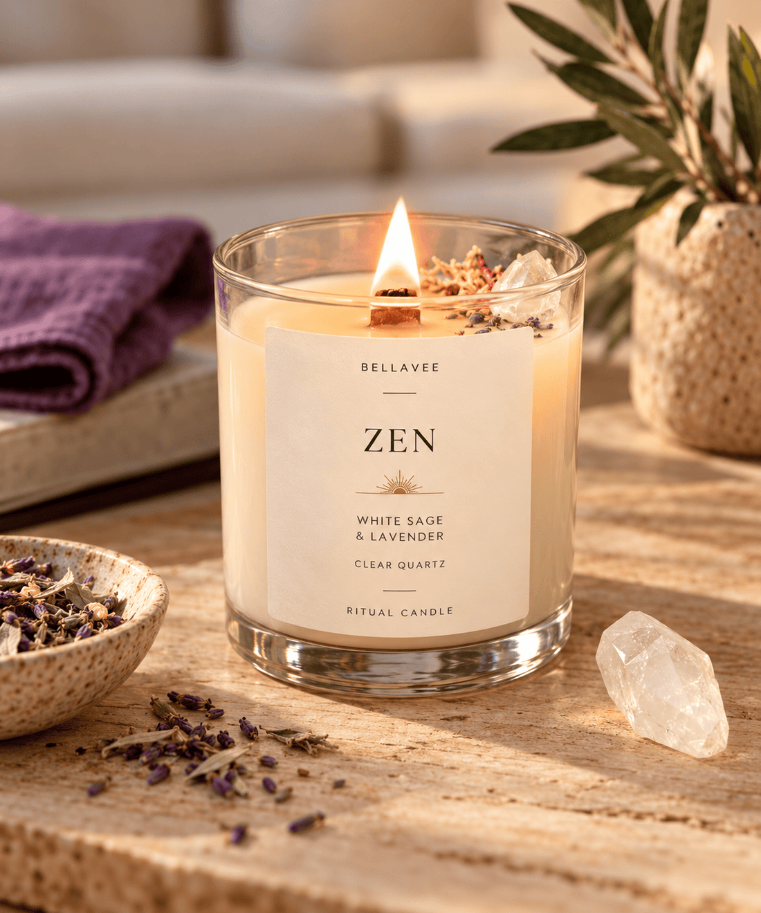 BellaVee ZEN White Sage and Lavender ritual candle with Clear Quartz, wooden wick and botanical accents.