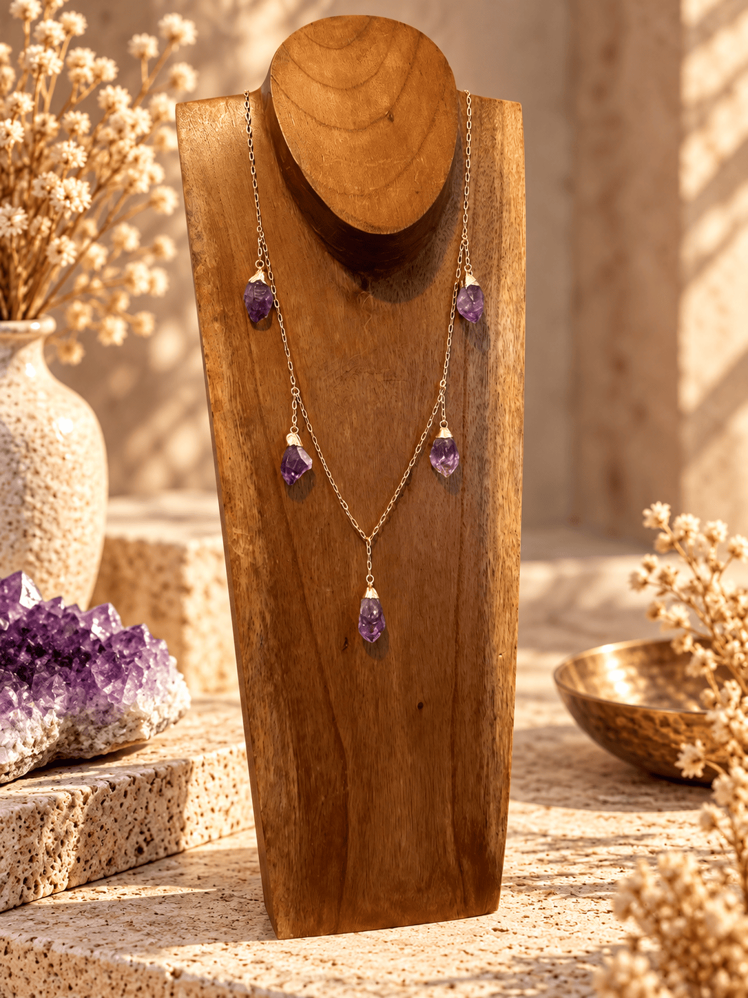 Five-Stone Amethyst V-Drop Necklace | Gold