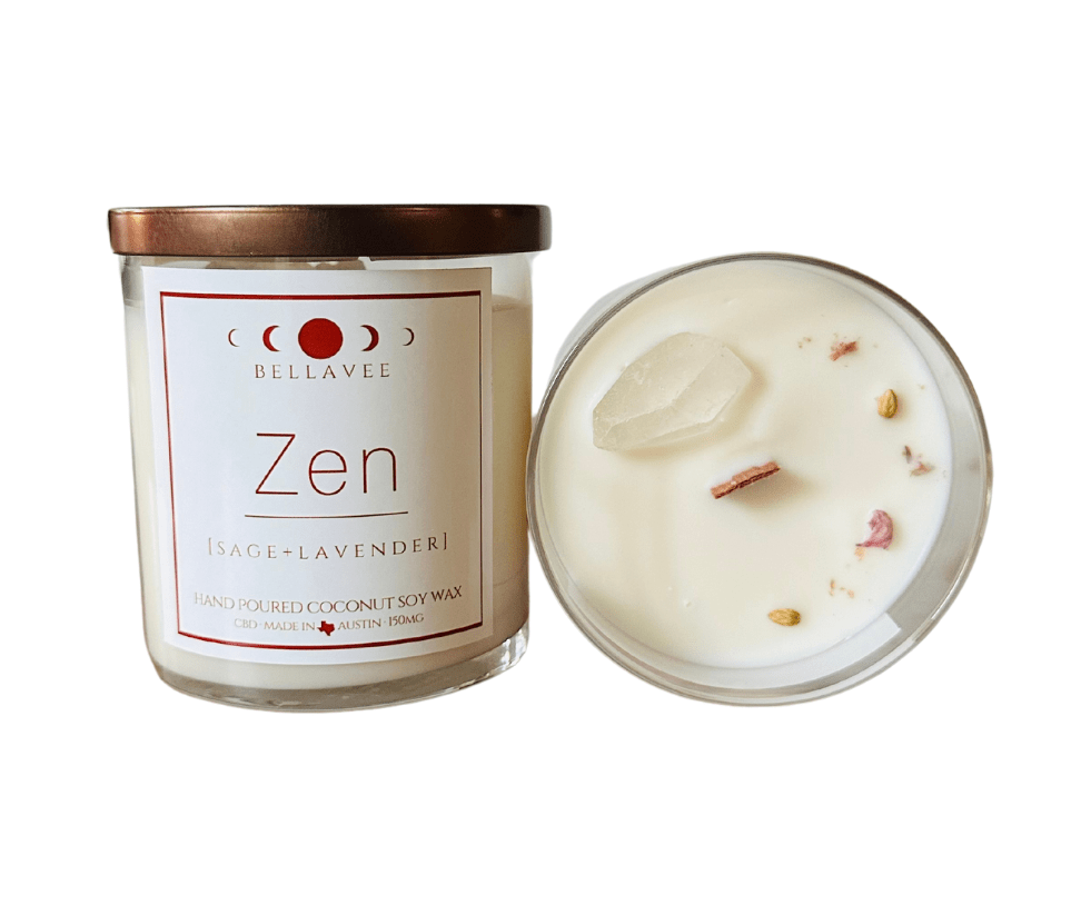 Zen Crystal Candle – infused with CBD oil, lavender, and white sage for a relaxing, stress-reducing ambiance during meditation