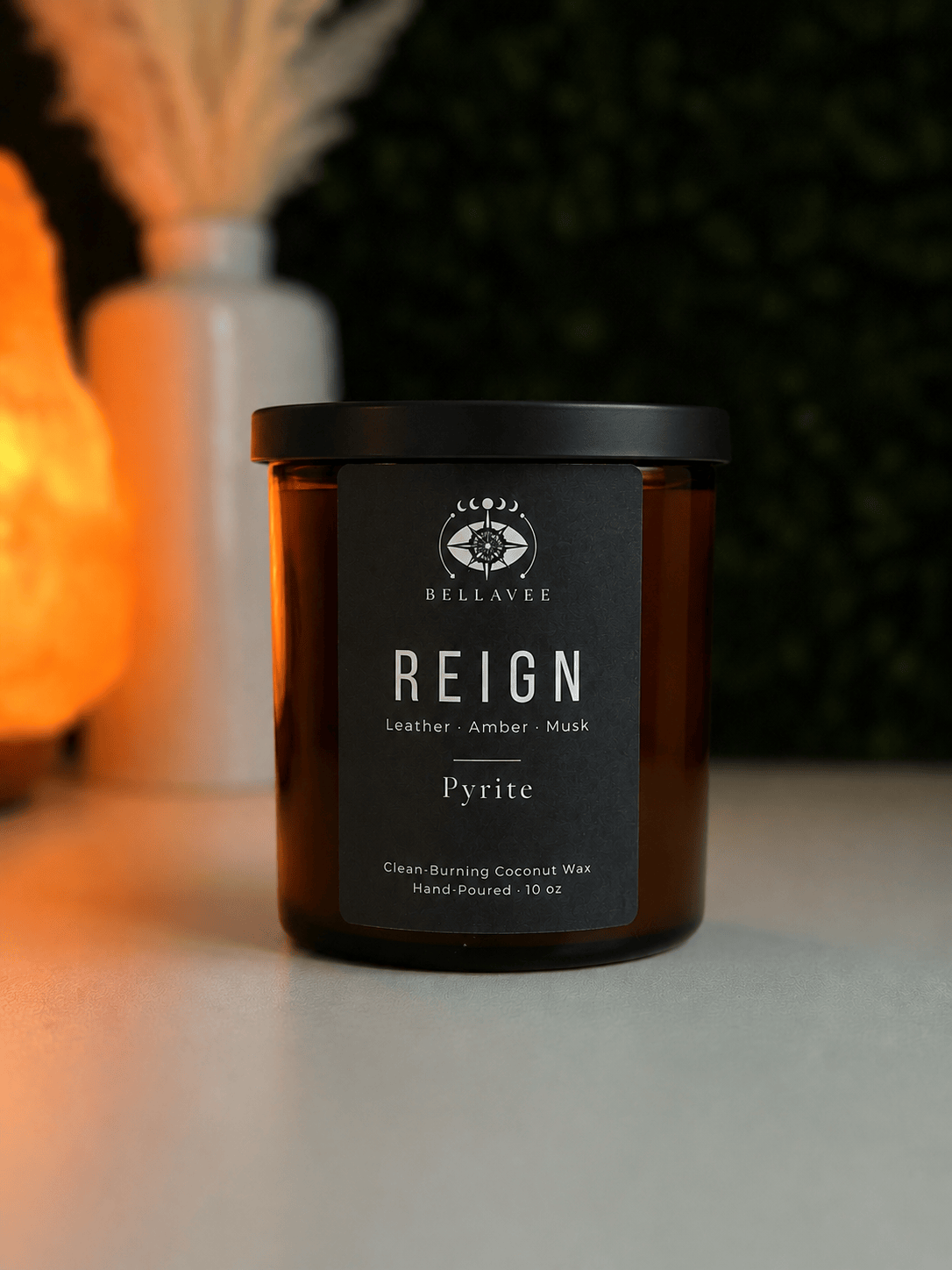 BellaVee Reign candle with Pyrite crystal close up hand poured Austin Texas
