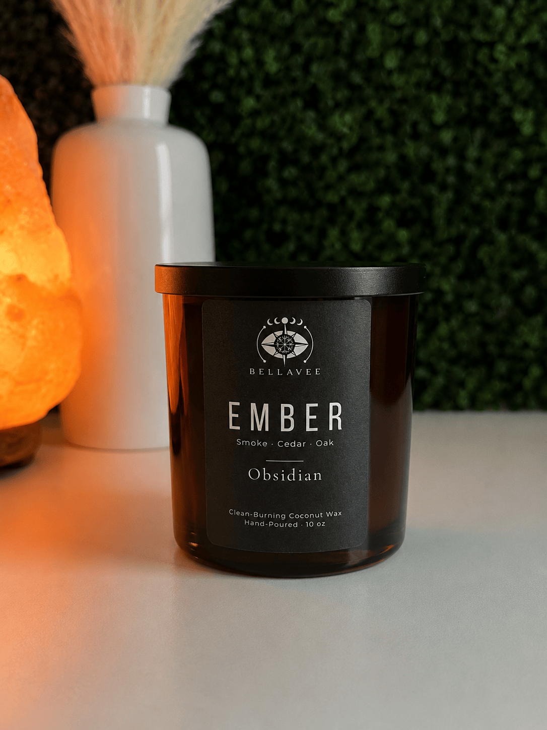 Ember smoke cedar oak Obsidian crystal candle by BellaVee in amber vessel