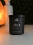 Reign leather amber musk Pyrite crystal candle by BellaVee in matte black vessel