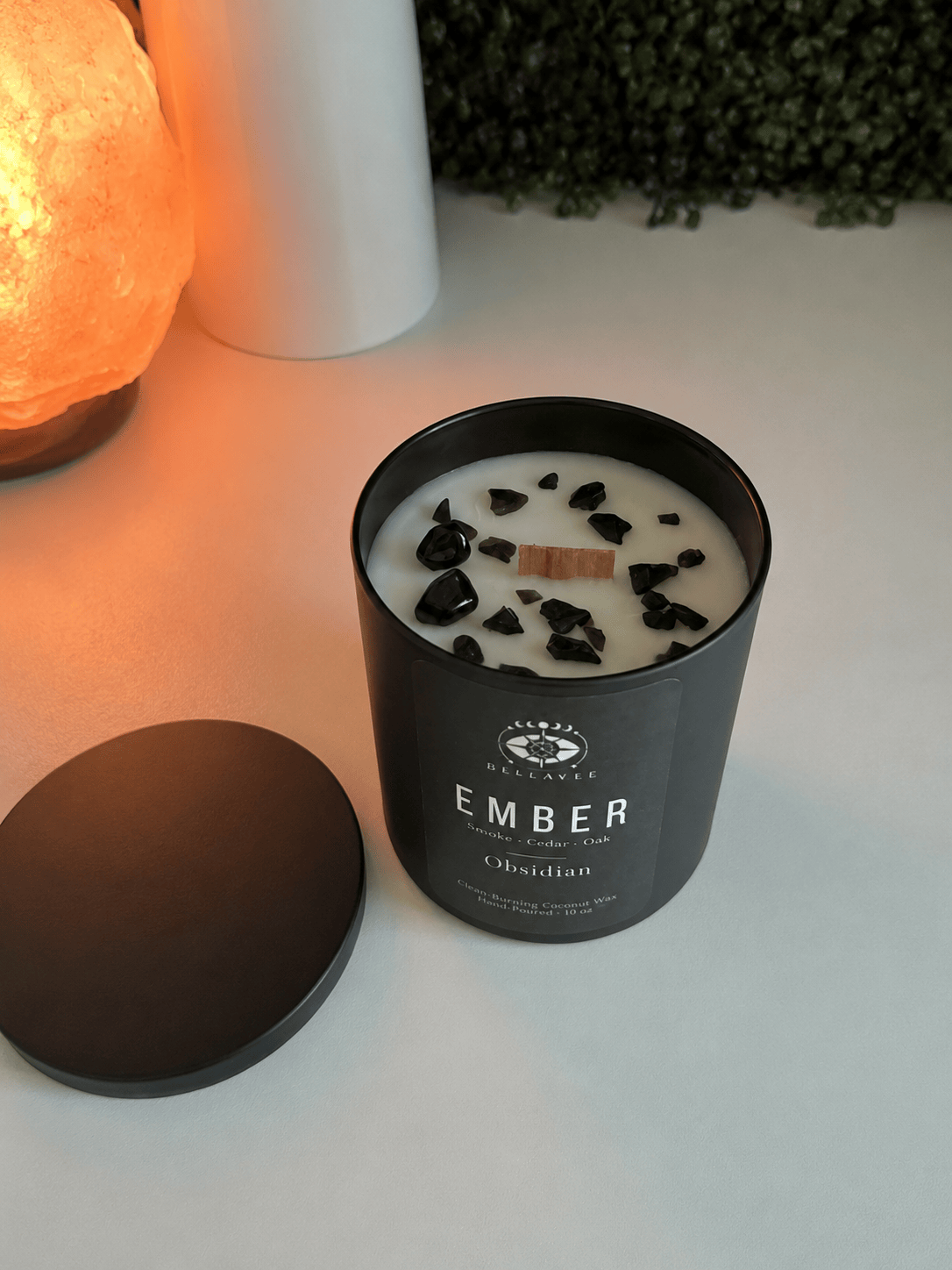 BellaVee Ember candle with Obsidian crystal close up hand poured Austin Texas