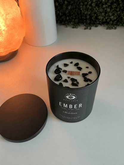 BellaVee Ember candle with Obsidian crystal close up hand poured Austin Texas