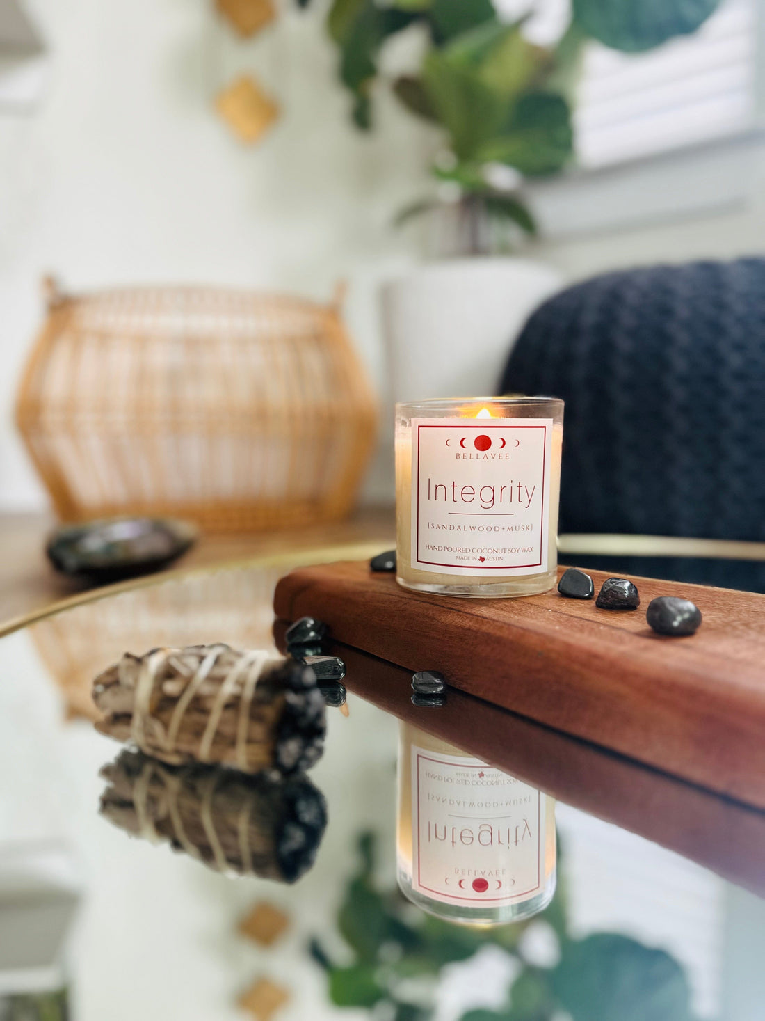 Integrity Hematite Crystal Candle, hand-dried flowers, wooden wick, with a calming blend of sea salt, sandalwood, and dark musk
