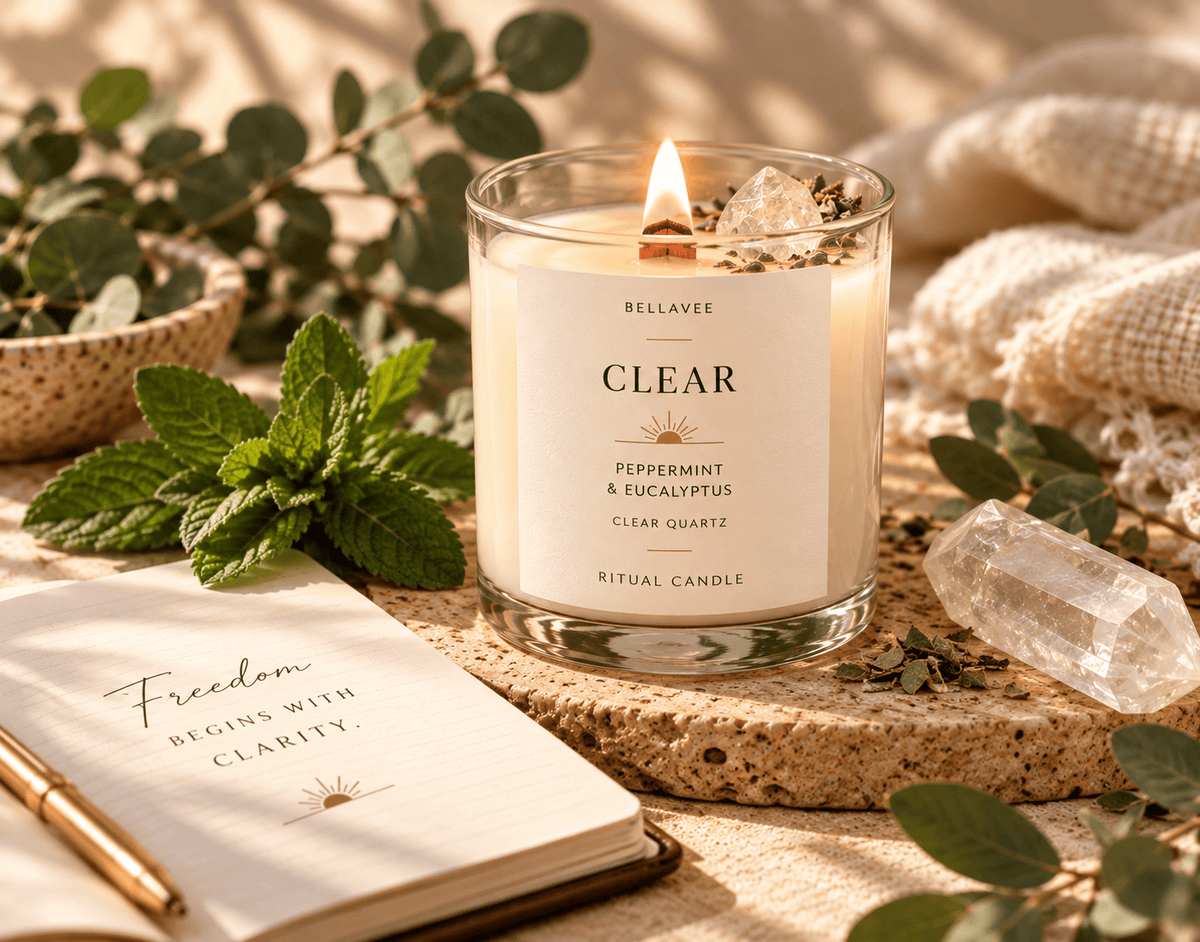 CLEAR Peppermint and Eucalyptus CBD candle with Clear Quartz for a clarity ritual