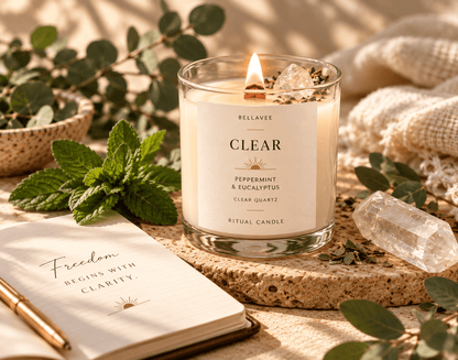 CLEAR Peppermint and Eucalyptus CBD candle with Clear Quartz for a clarity ritual