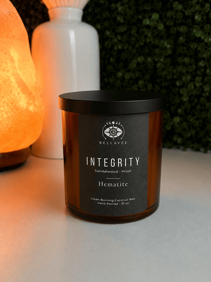Integrity sandalwood musk Hematite crystal candle by BellaVee in amber vessel